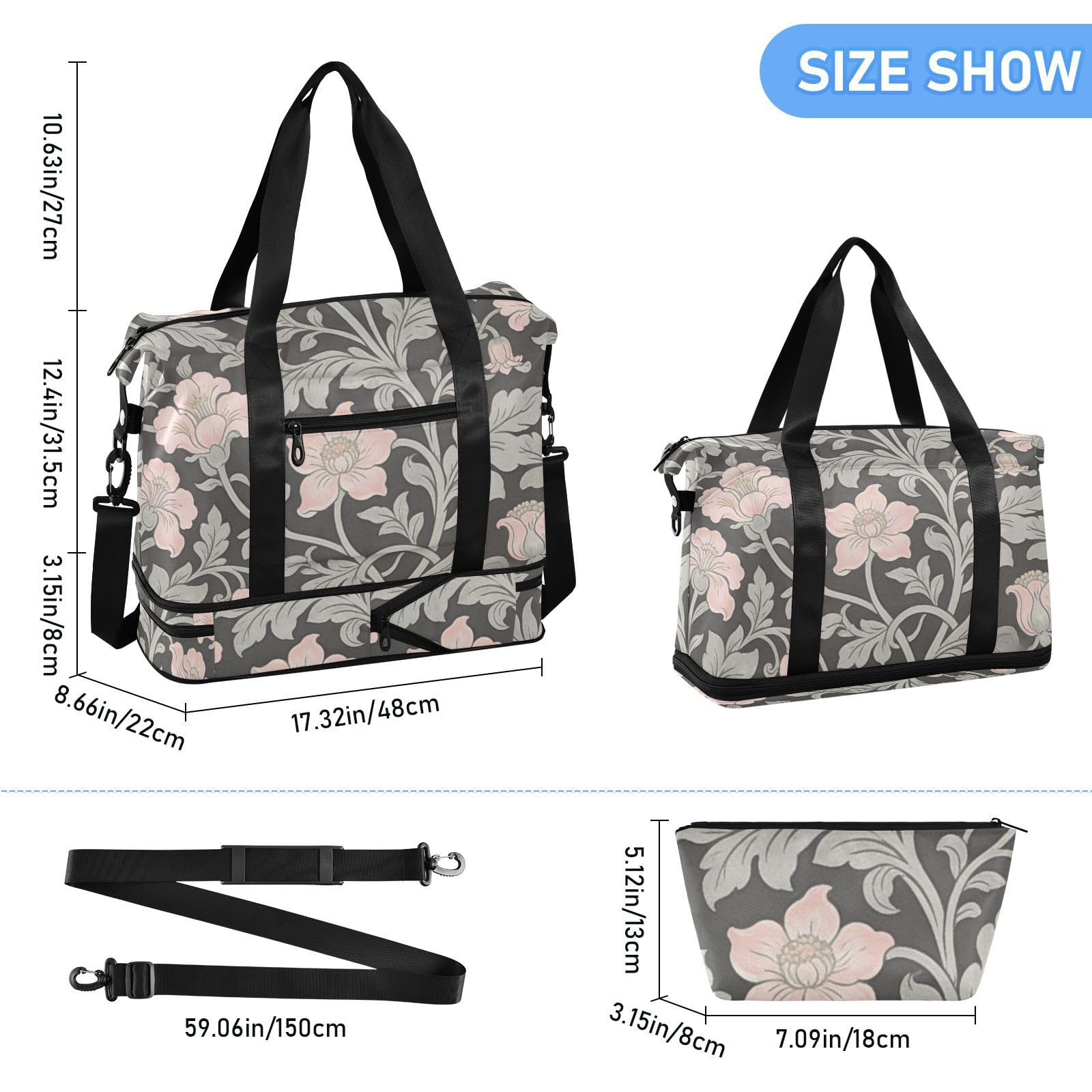 William Morris - Bolsas de lona gris con bolsillo húmedo con correa ajustable, bolsa de entrenamiento deportivo para yoga, impermeable, para hombres y mujeres