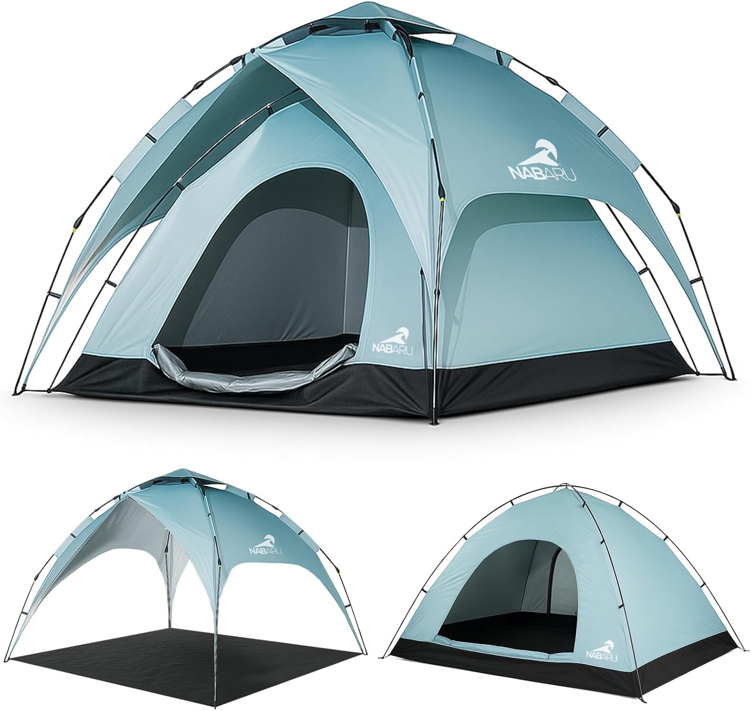 Automatic Camping Tent 3-in-1 Pop Up Tent for 4 People - Waterproof Polyester Ripstop with UV Protection, Silver Coated Inner Layer, Ideal for Family Camping.