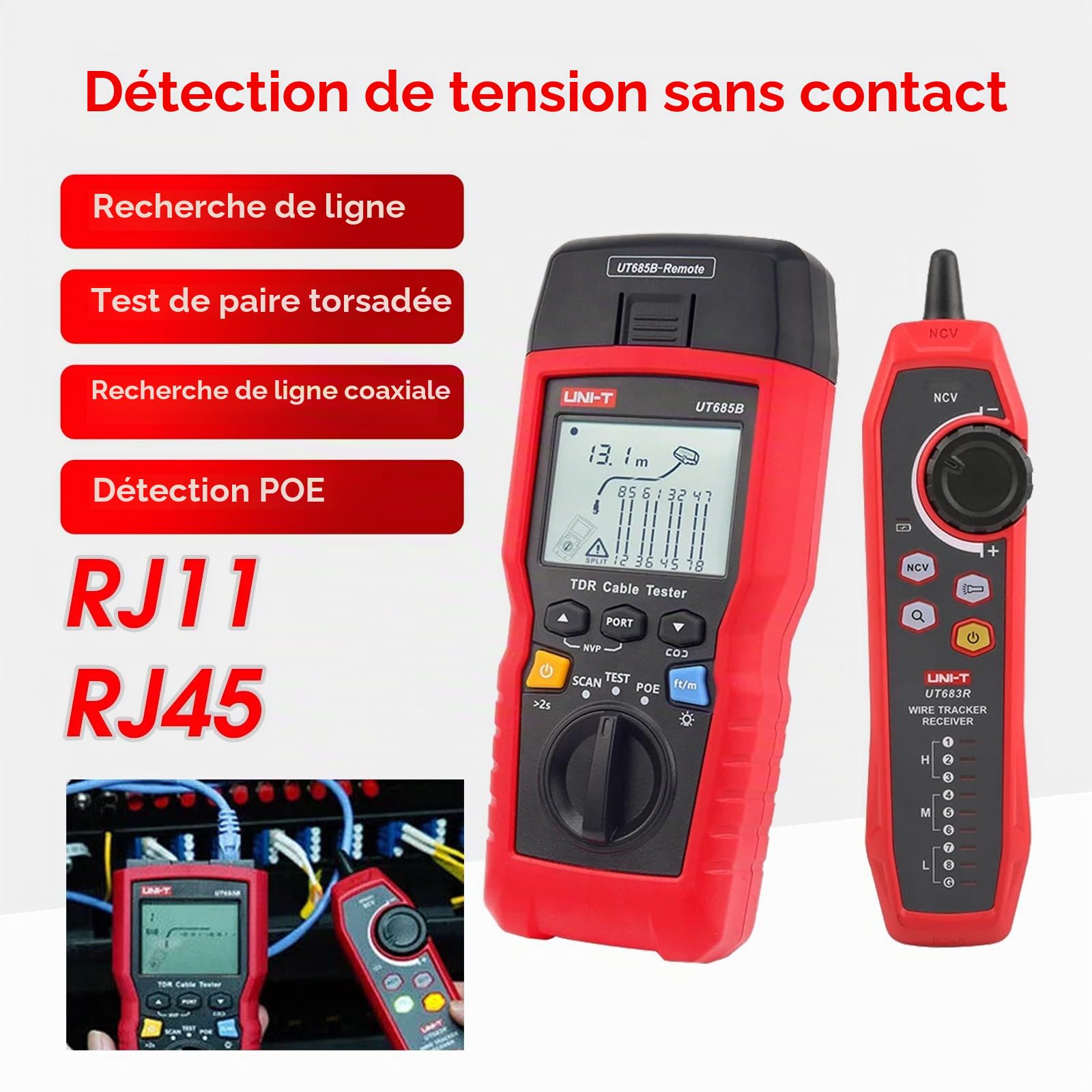 UNI-T Testeur de câble réseau, UT685B KIT TDR, détecteur de traqueur de fil de câble Ethernet, testeur LAN RJ11 RJ45 testeur d'outils réseau