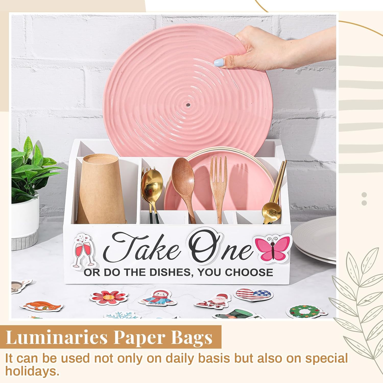 Tioncy Interchangeable Paper Plate Dispenser with 34 Seasonal Changeable Icons, Wood Utensil Caddy Silverware Holder with Seasonal Magnets, Cutlery Flatware Organizer for Thanksgiving Christmas Party