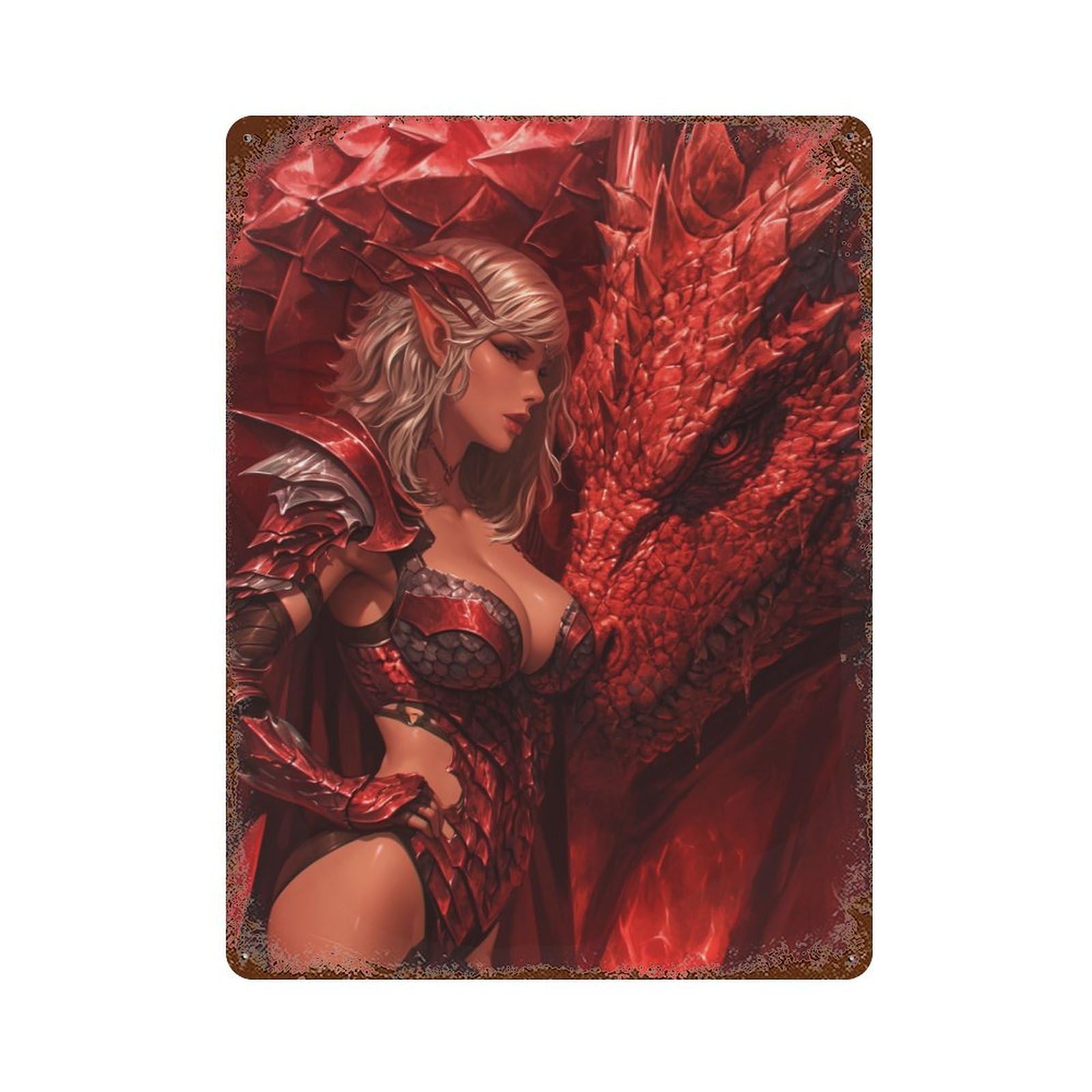 Rust Effect Tin Sign Dragon Armor Fantasy Artwork-3 15.7"x11.8", Industrial Home Decor for Garage, Bar And Workshop Decor