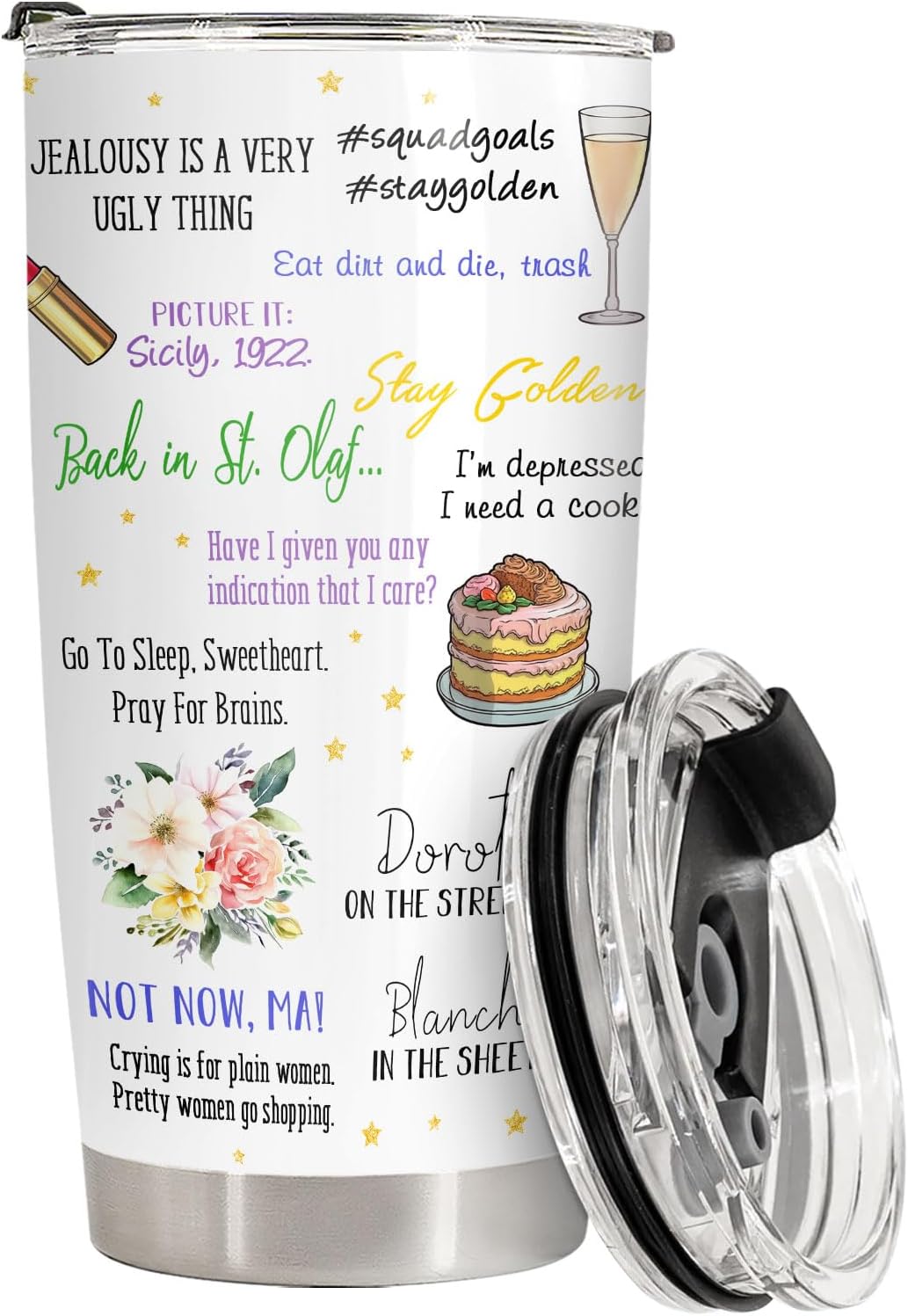 34HD Golden Girls Squad Tumbler 20oz with Lid, Funny Retro TV Show Insulated Travel Coffee Mug for Fans - Birthday Gift for Friends, Friendship and Besties