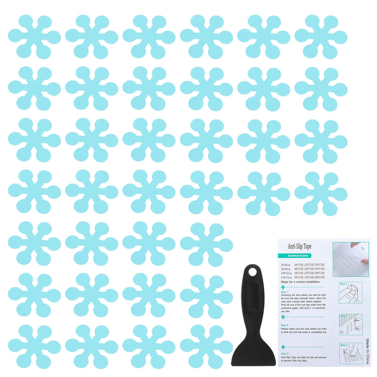 Autocollants antidérapants baignoire PATIKIL | Lot de 36 flocons bleus 9cm avec grattoir