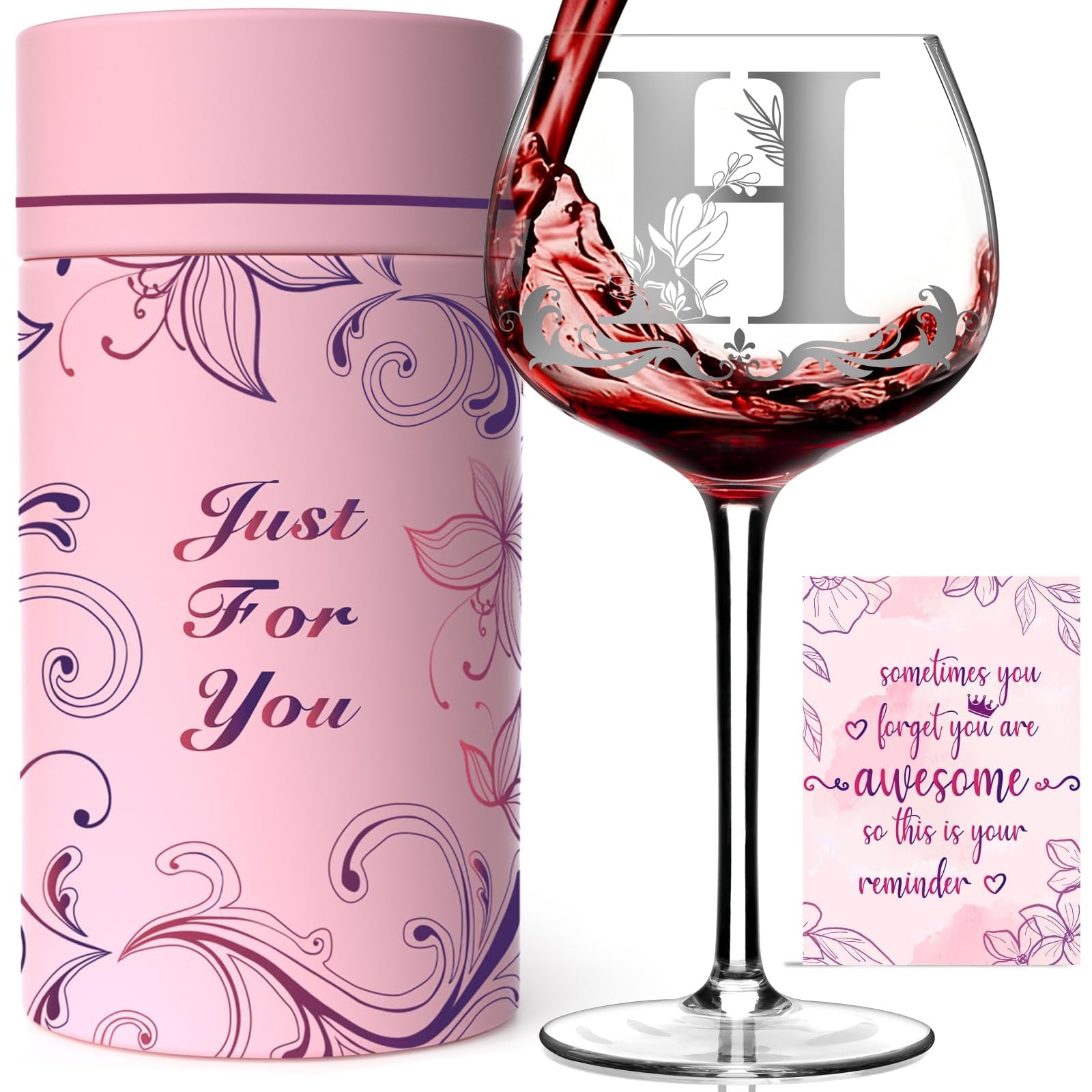 Regalos de monograma personalizados para mujeres, copa de vino personalizada con inicial A-Z, regalos únicos de cumpleaños y Navidad para ella, mamá, esposa, hermana, hija, amiga (letra H)