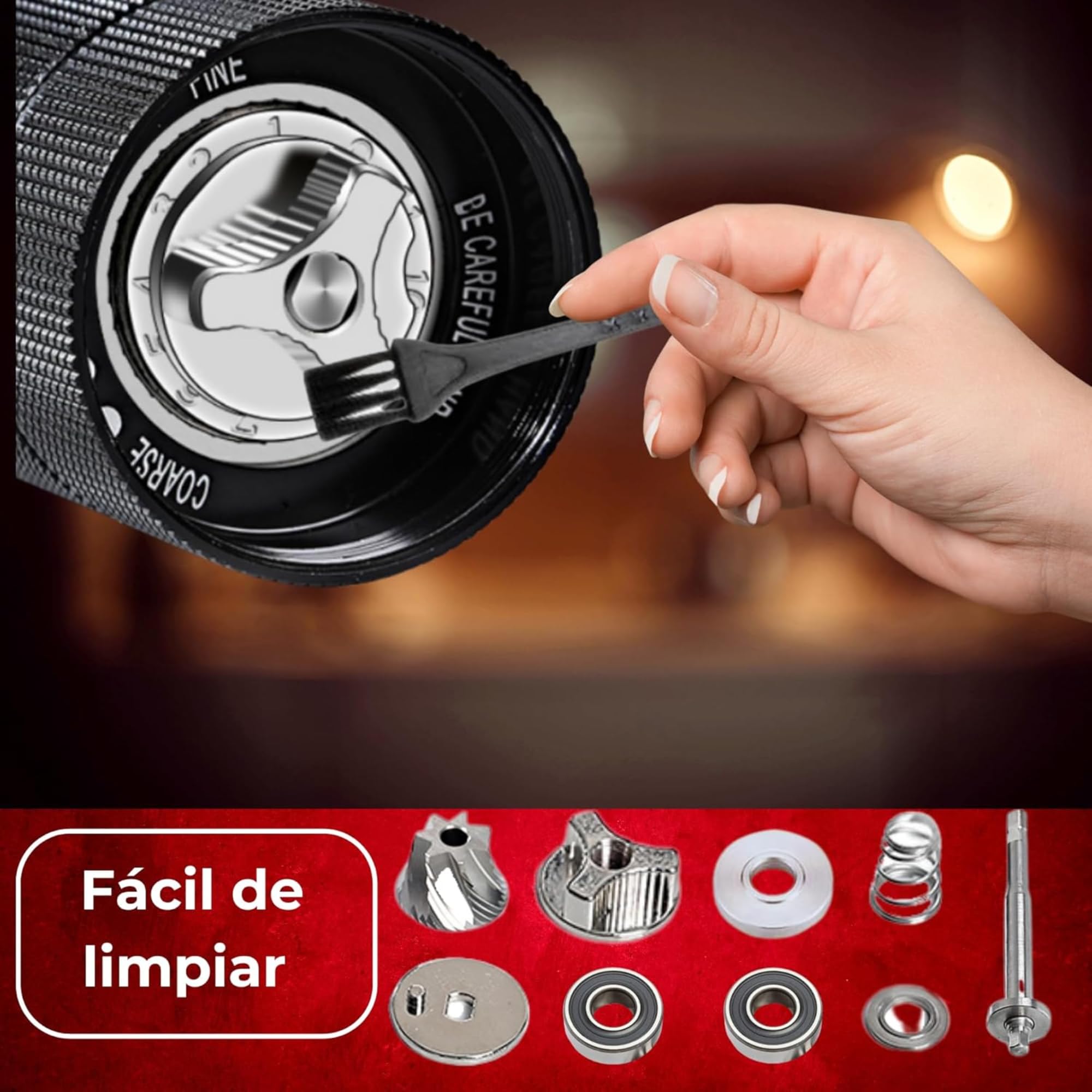 Molinillo Cafe Manual 25 g, Muelas Cónicas Hexagonales de Acero Inoxidable, Molienda Ajustable para Espresso, Moka y Prensa Francesa, Aluminio Anodizado y Nogal