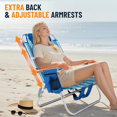 Miniatura 8 de Overmont Silla de playa baja con bolsa enfriadora - 6 posiciones plana con reposabrazos ergonómicos, asiento ancho con soporte lumbar, soporte para