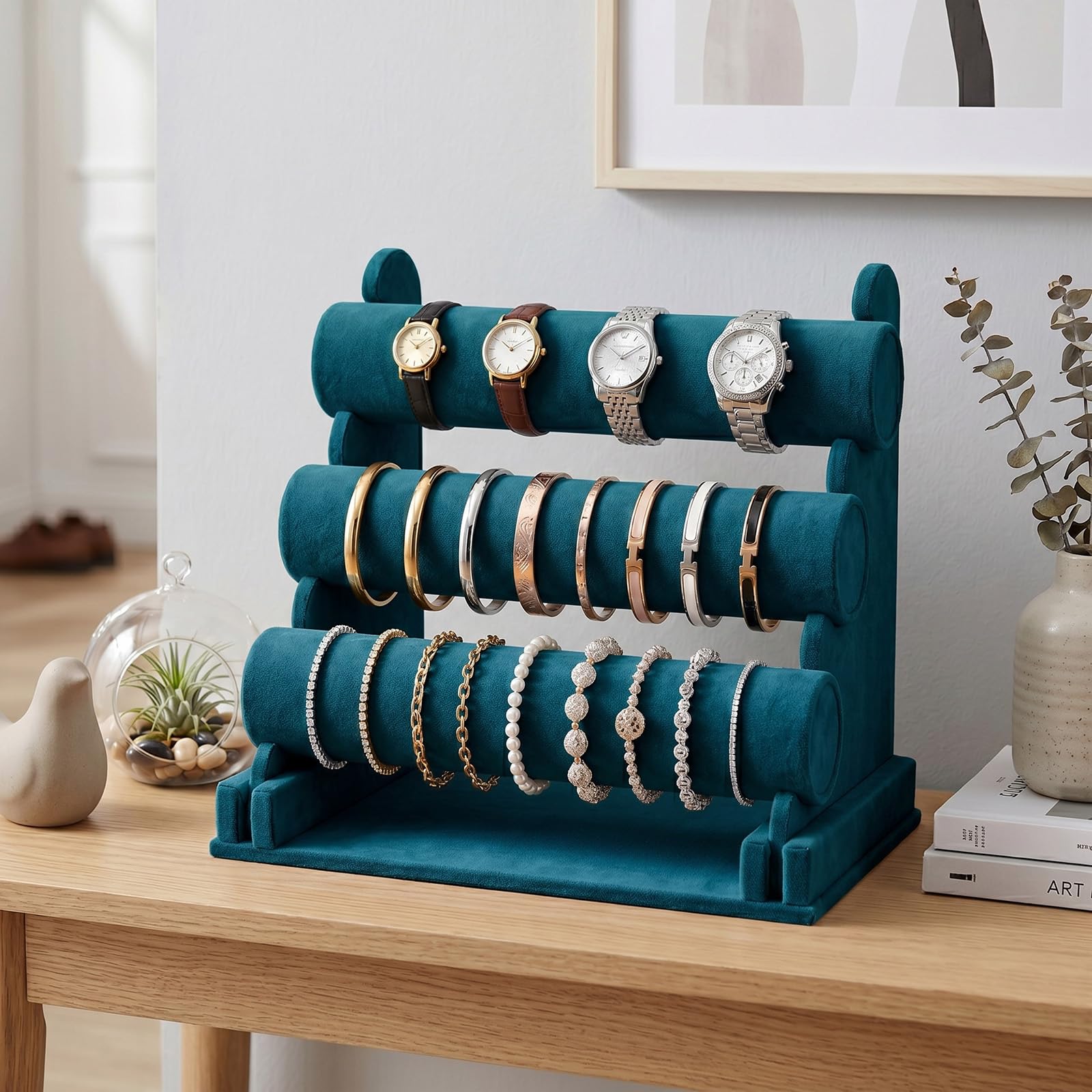 powerking Soporte organizador de joyas de terciopelo verde, soporte de exhibición de pulseras desmontable de 3 niveles y soporte, organizador de exhibición de joyas para reloj de pulsera