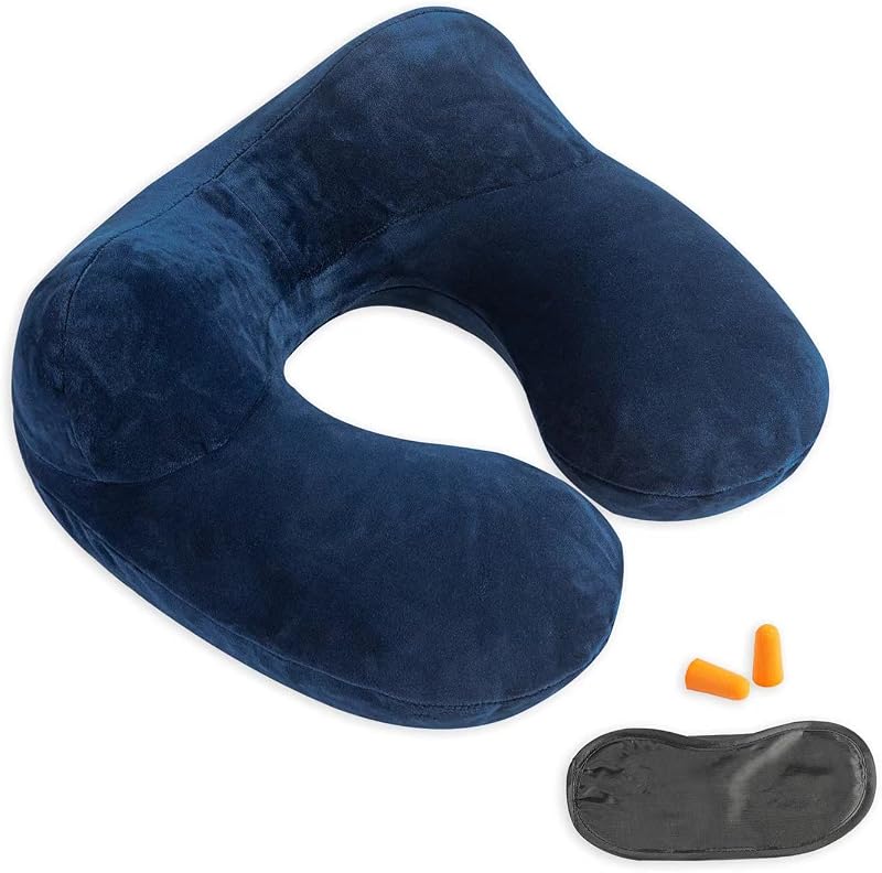 Inflatable Travel Pillow, Neck Pillow Support for Traveling, Airplanes, Cars, and Offices with Compact Carrying Bag, Soft Velvet Washable Cover, Ideal for Adult Sleepers (Blue)