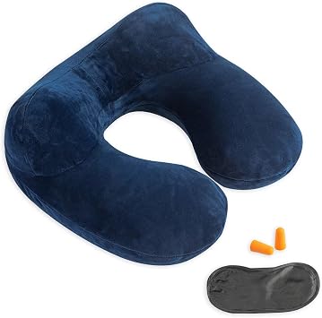 Inflatable Travel Pillow, Neck Pillow Support for Traveling, Airplanes, Cars, and Offices with Compact Carrying Bag, Soft Velvet Washable Cover, Ideal for Adult Sleepers Blue