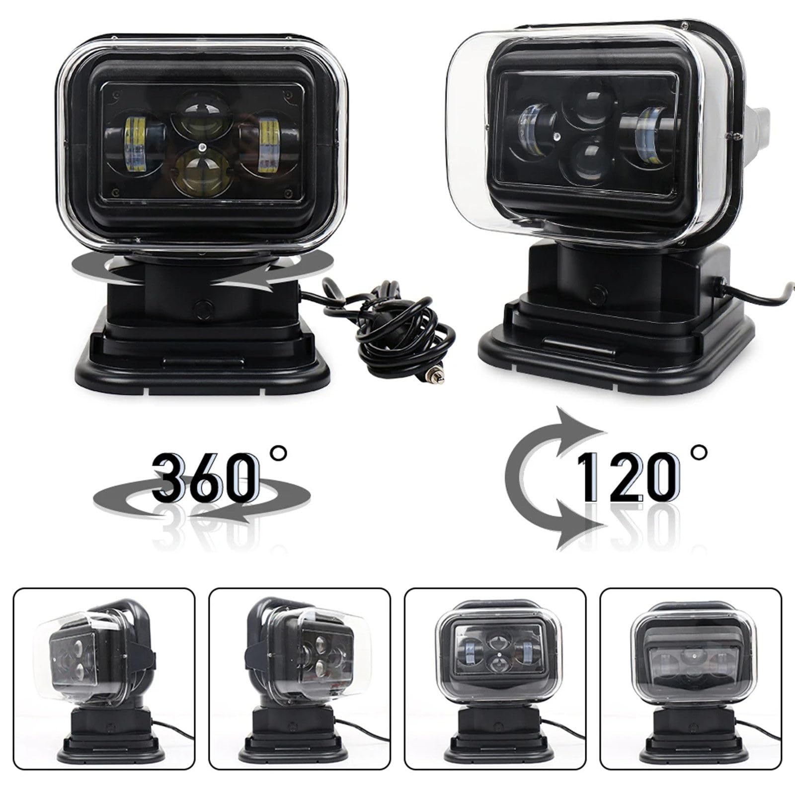 Projecteur LED Haute luminosité/projecteur de Recherche pour Voiture avec télécommande sans Fil, Rotation à 360° 12/24 V, pour véhicules et navires,Black