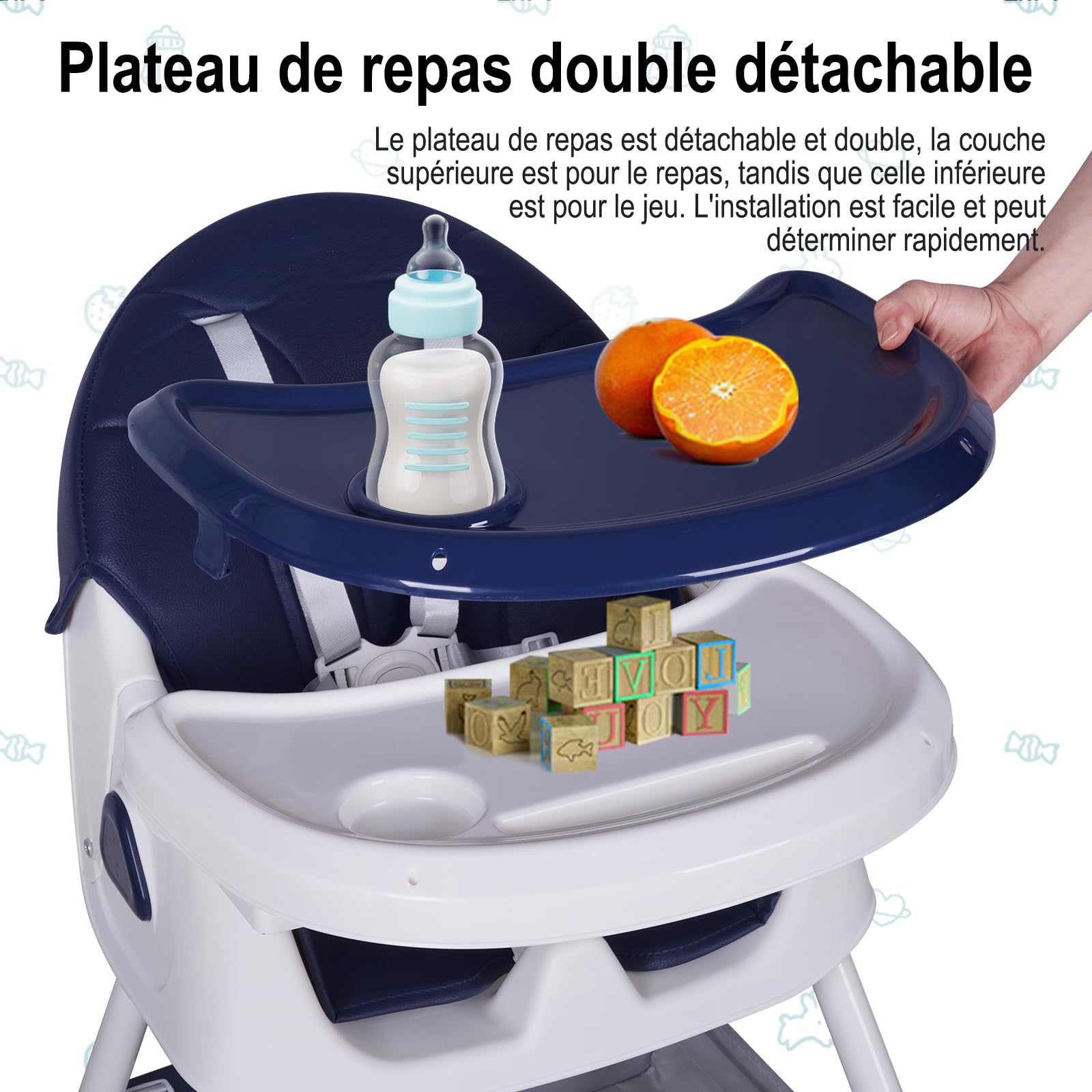 Chaise Haute Bébé Pliable Chaise Enfant Voyage avec roulettes, dossier réglable, tablette amovible, siège avec ceinture de sécurité pour 6 mois à 6 ans Repas Bébé 20kg (Bleu foncé)