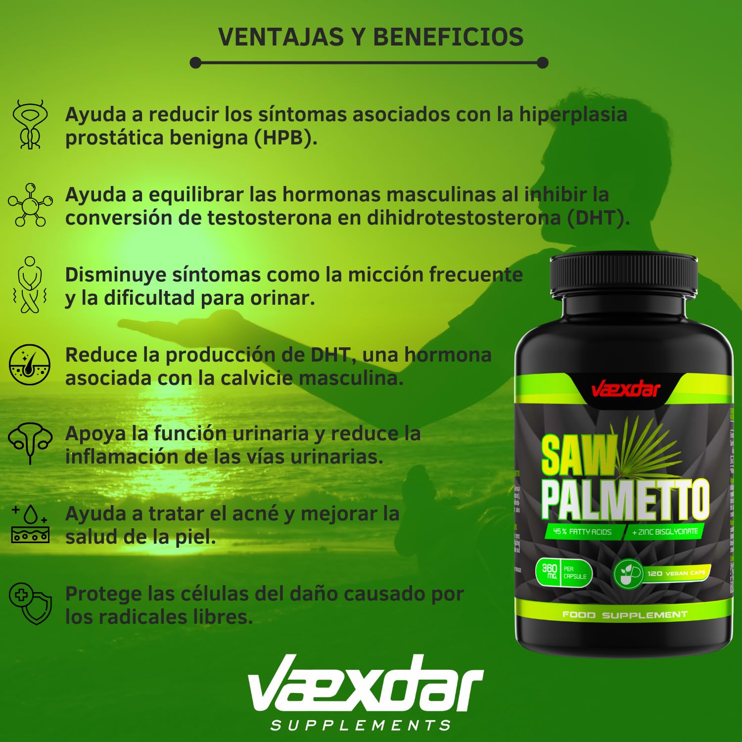 Vaexdar Saw Palmetto | Zinc Bisglicinato | Alta Potencia 360 mg Serenoa Repens | Saw Palmetto Prostata | 45% Ácidos Grasos | 120 Cápsulas Vegetales | Apoyo a la Salud Masculina | 4 Meses de Duración