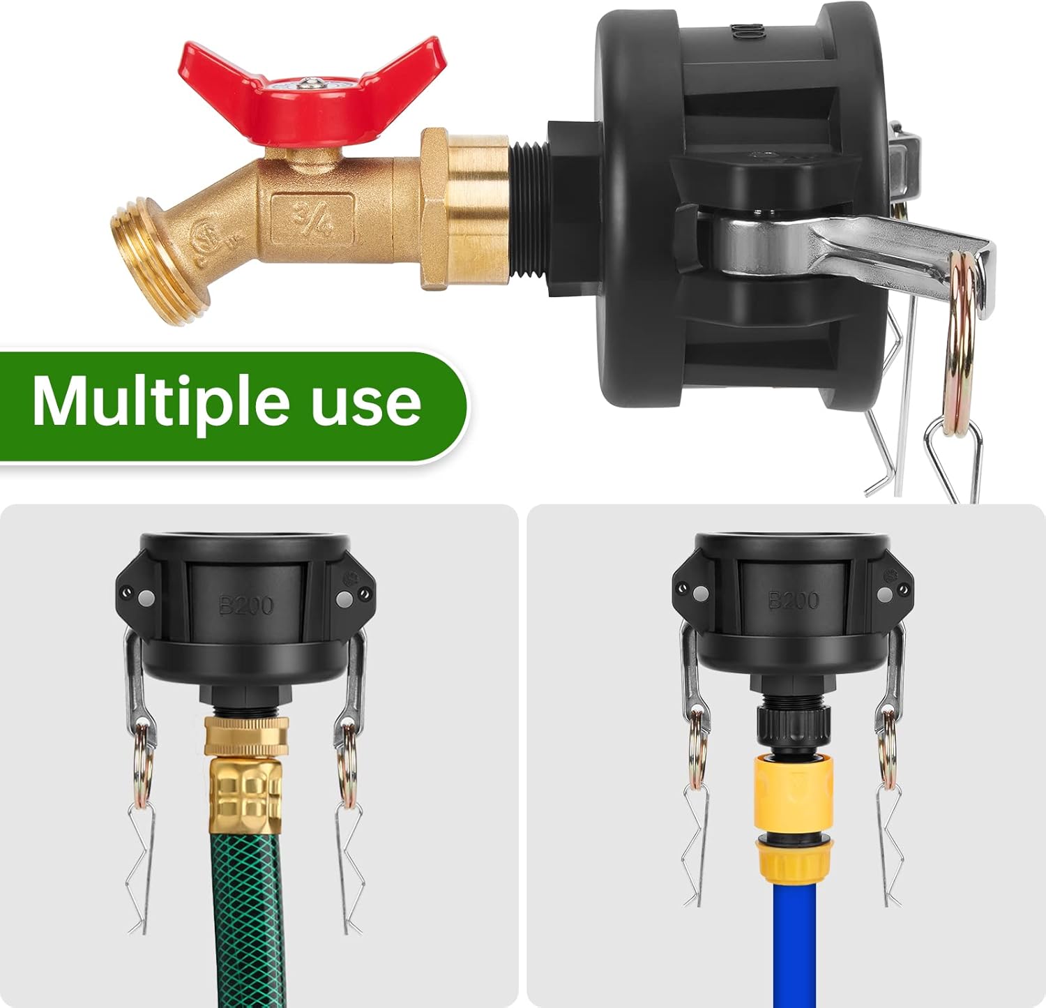 WADEO IBC Tote Adapter 2 PCS, 2" Cam Lock for 275-330 Gallon IBC Tote Tank, IBC Tote to Garden Hose Adapter with Brass Faucet (3/4" Female NPT Inlet×3/4" GHT Outlet), Garden Hose Quick Connector