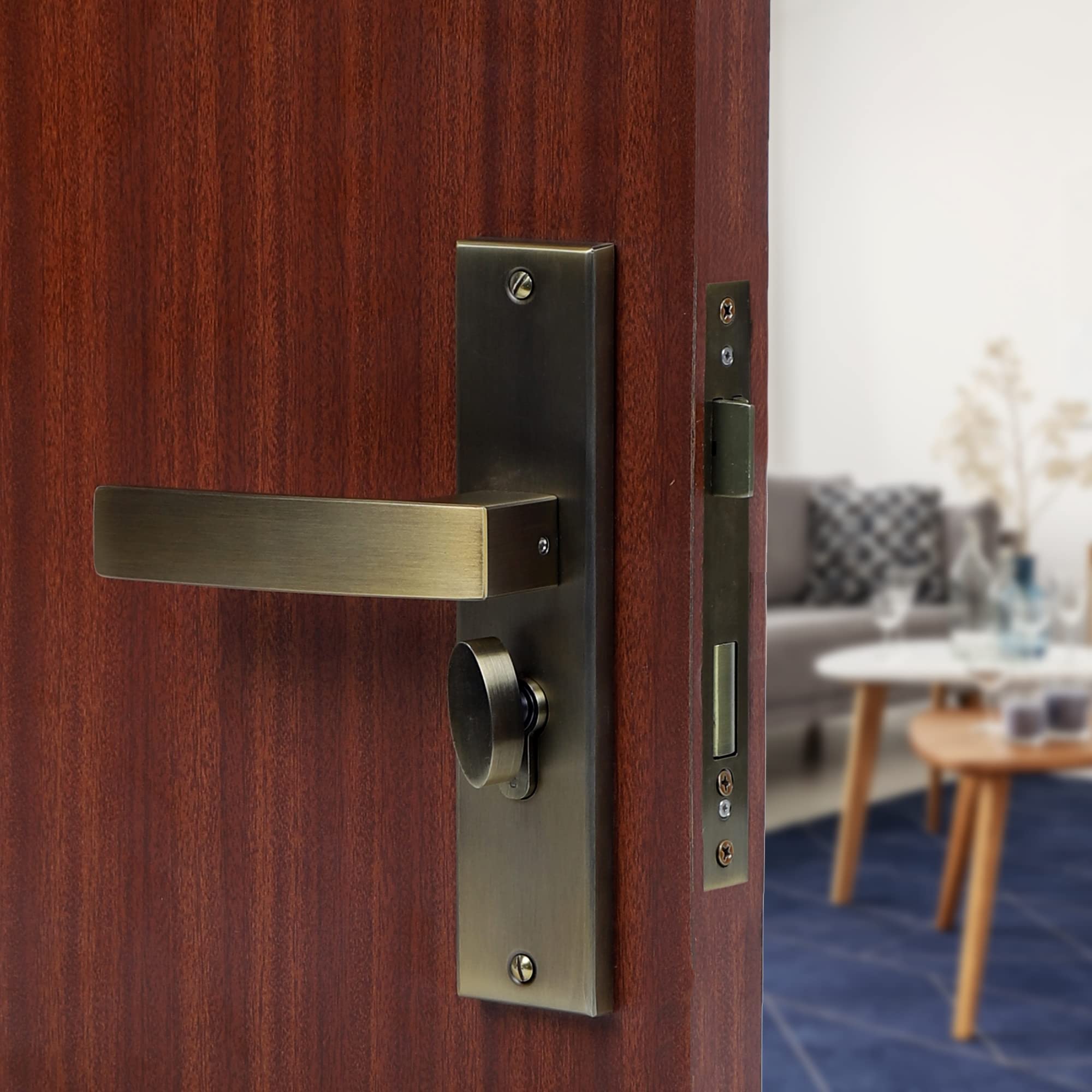LB - 10001 Premium 8 Inch Cylindrical Plate Mortise Door Lock Handle Set with Brass Lock Body and One Side Key 60mm Brass Cylinder with 3 Brass Computer Keys/Finish Antique Brass