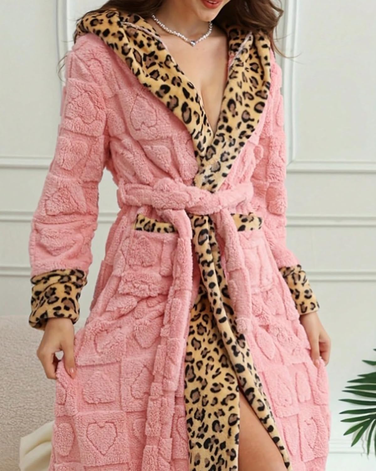 Womens Hooded Plush Bathrobe Leopard Print Long Fluffy Fleece Robe Sleepwear Flannel House Robe