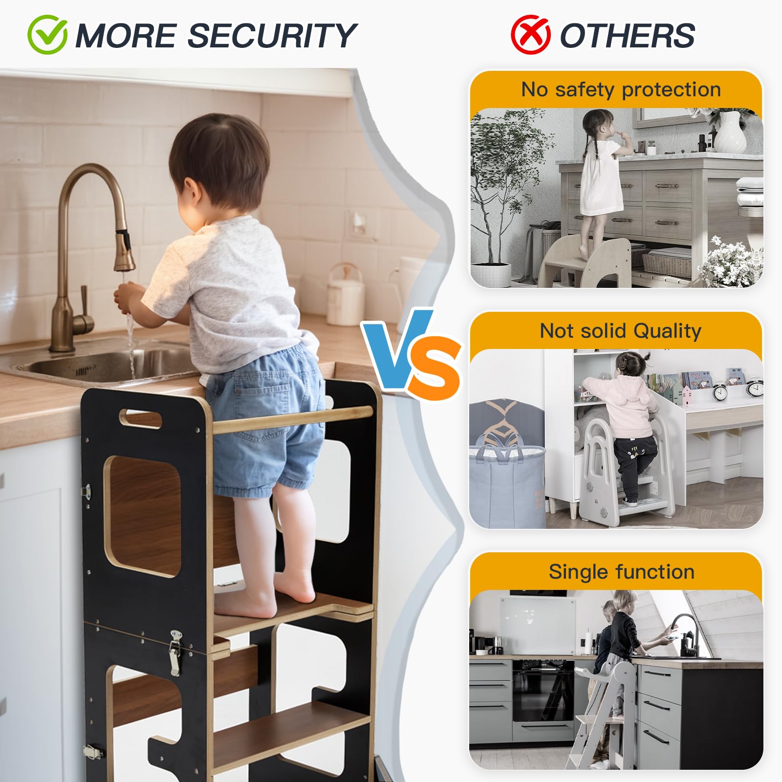 labebe Torre di apprendimento per Bambini, Montessori Learning Tower con Lavagna, 3 in 1 Pieghevole Multifunzionale Torre con Protezione antiribaltamento da 1 Anno-Nero