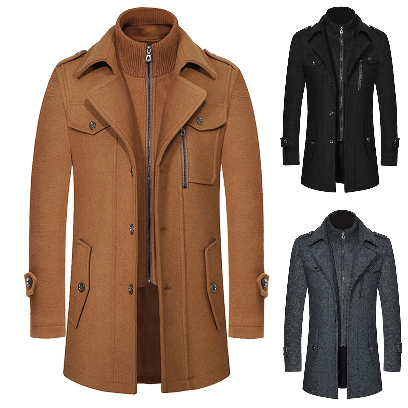Generisch Cappotto invernale da uomo con doppio colletto in lana, colletto ispessito, cerniera di media lunghezza, trench con fodera termica