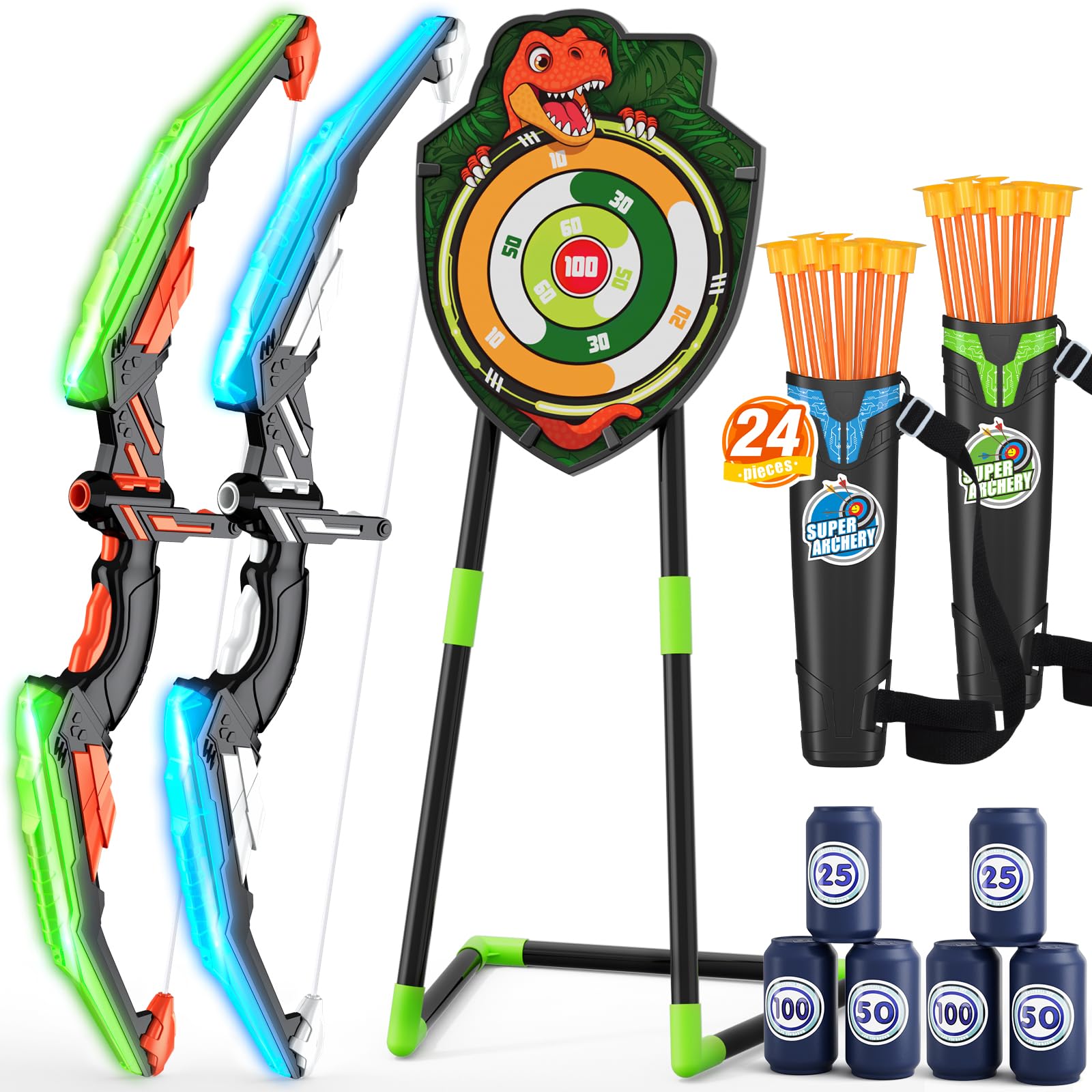 2 Pack Kids Bow and Arrow LED Archery Set with Dinosaur Target