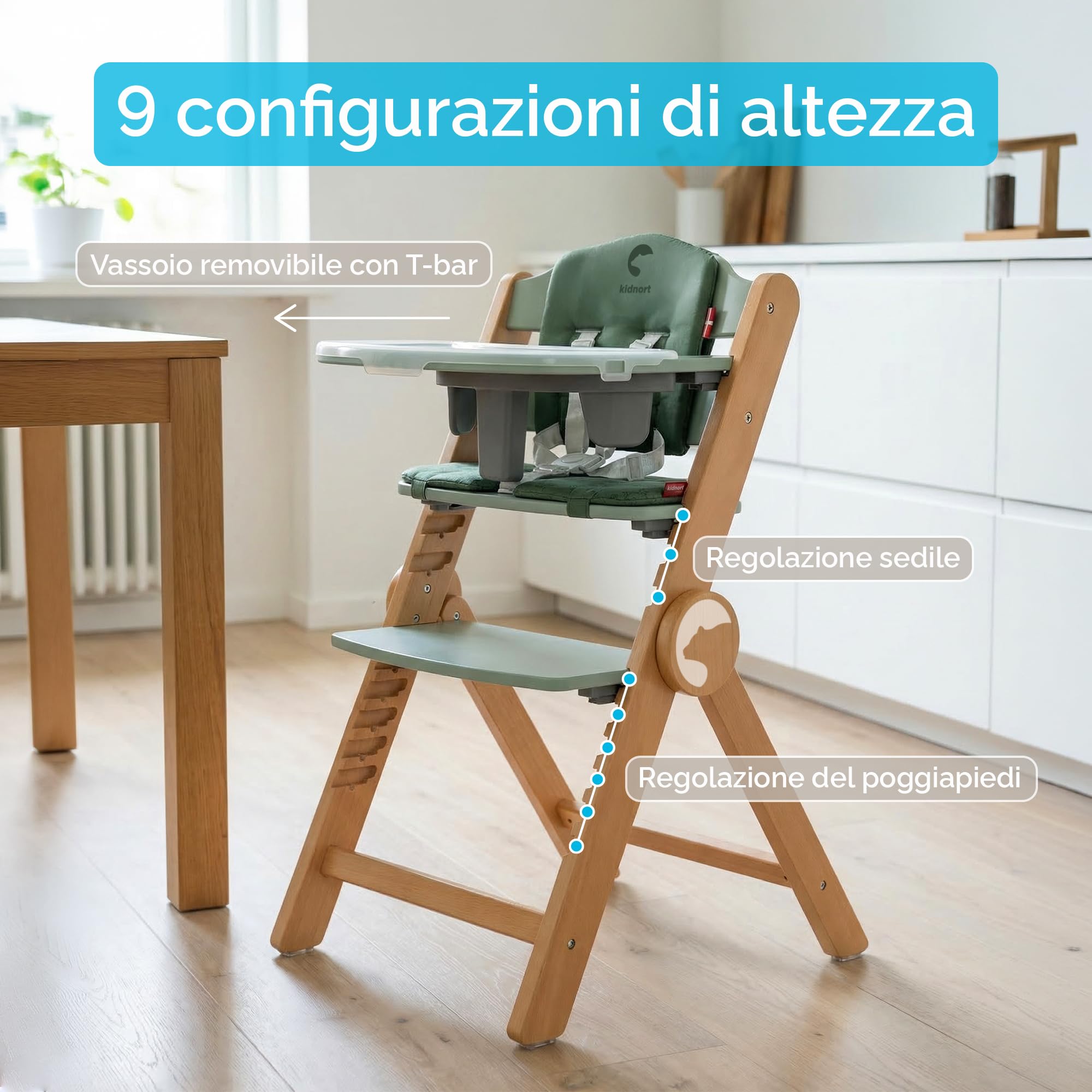 Drömmer Unique Seggiolone Pappa Evolutivo Pieghevole con Vassoio Doppio Rimovibile Seduta e Poggiapiedi Regolabili Cintura a 5 Punti Cuscino Sfoderabile Salvaspazio per Bambini Verde