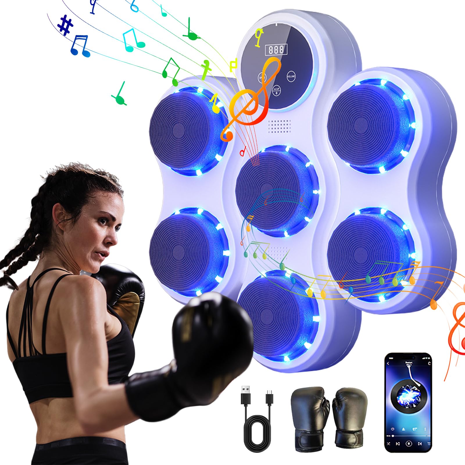 Eznaobo Macchina da boxe musicale,Professionale da parete Allenatore di Boxe Elettronica Bluetooth con 9 velocità e modalità, Display a LED, con guanti, per palestra e casa