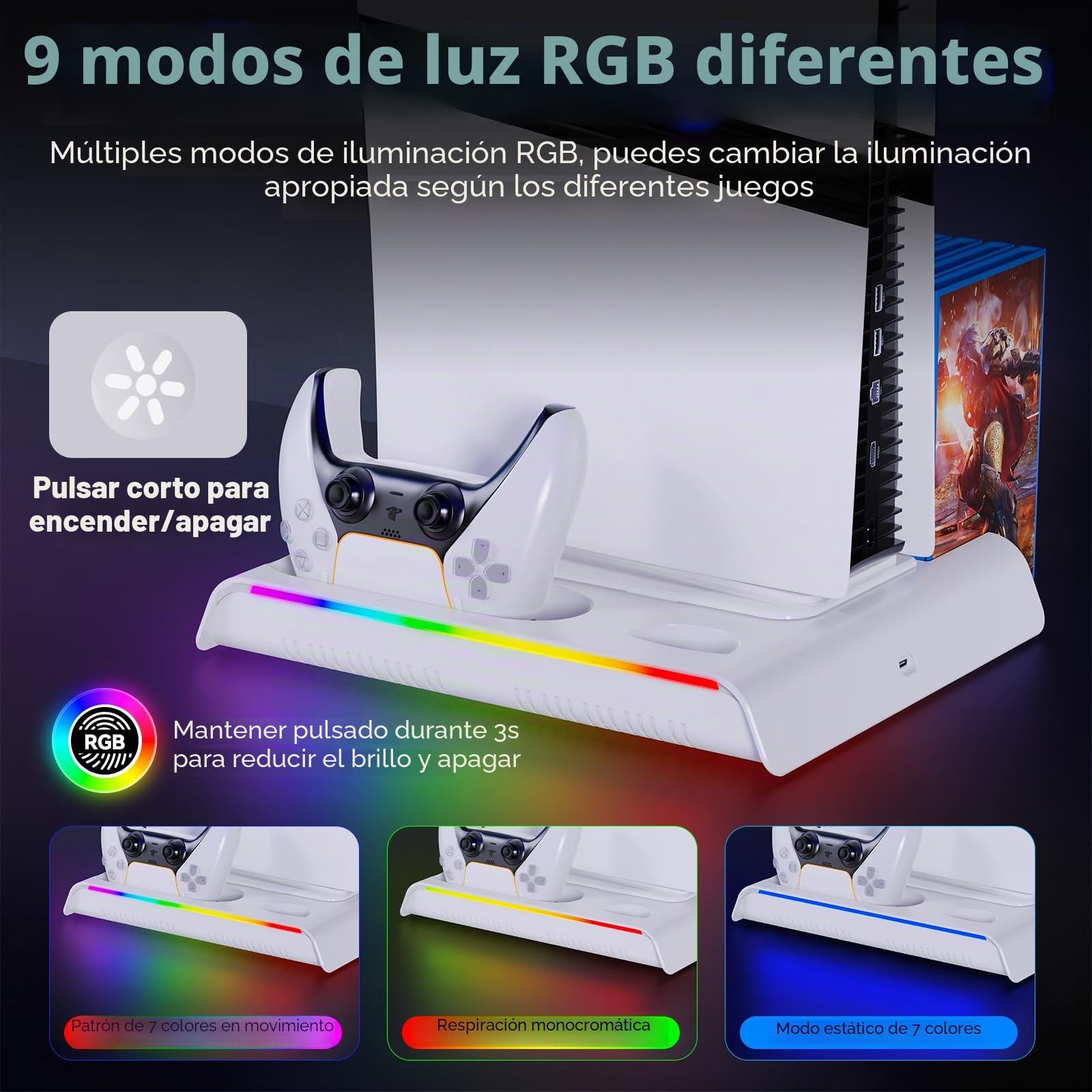 Labtec Soporte para PS5 / PS5 Slim / PS5 Pro con ventilador de enfriamiento y iluminación RGB, base de carga de controlador dual para consola PS5/Slim/Pro con 5 ranuras para juegos y 3 puertos USB