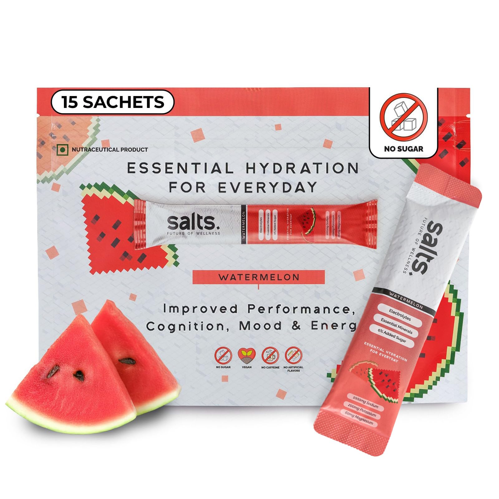 Salts Watermelon Electrolyte Hydration Powder, 15 Stick Packs, Sugar-Free, with Essential Minerals
