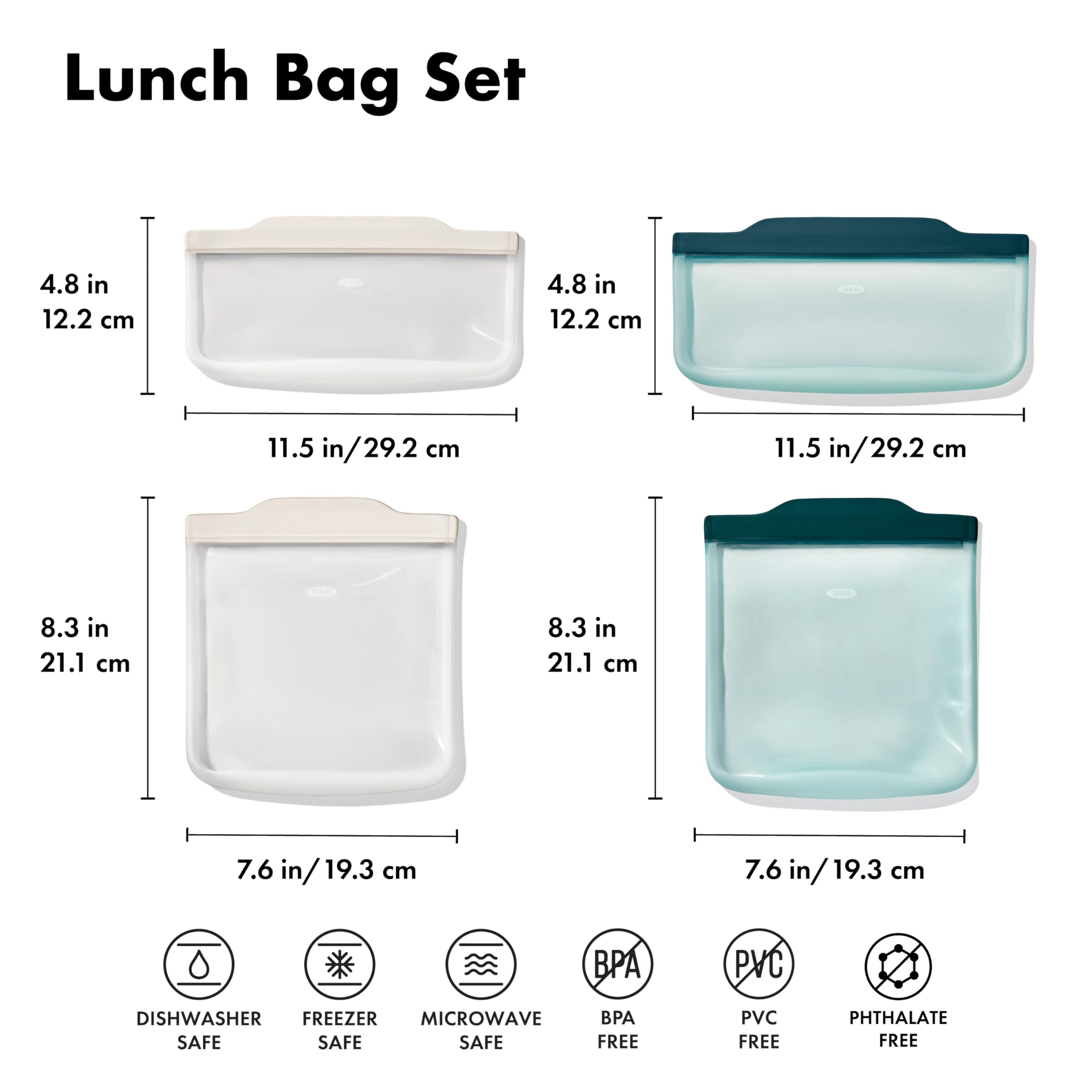 OXO Good Grips Wiederverwendbare Silikonbeutel - 4-teiliges Lunch-Set - Hafer/Lagune