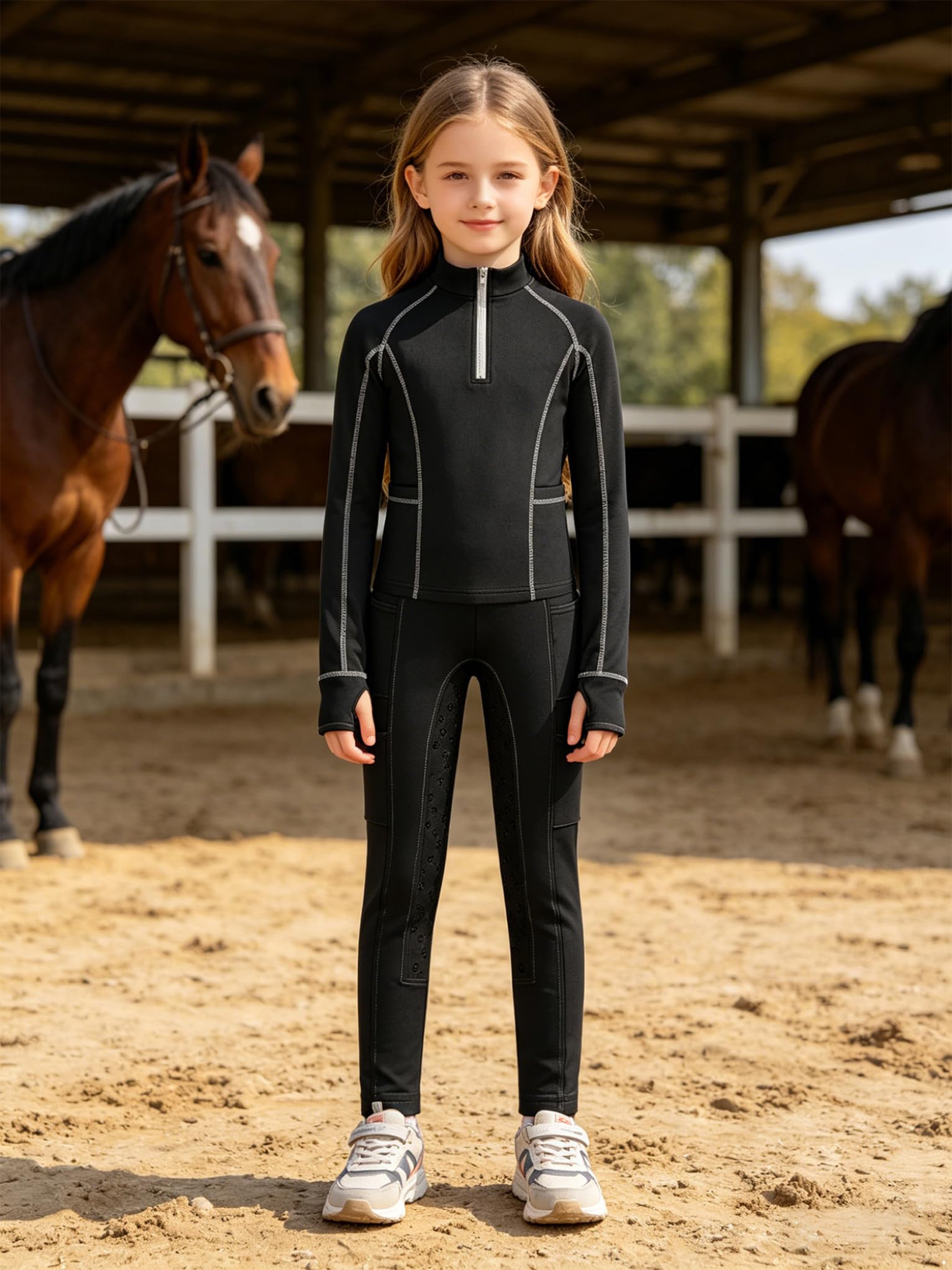 Mufeng Bambina Equitazione Cavaliere Cavallo Tuta Completo Sportivo Top Equestre Maglia da Torneo Pantaloni da Equitazione con Inserti Completi in Silicone