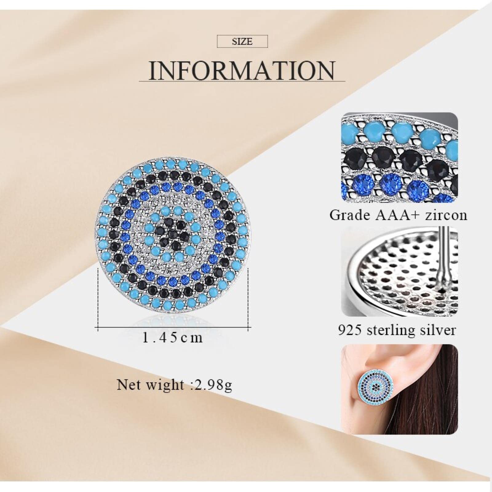 Lucky Turkish Evil Eye Pendientes para Mujer Plata De Ley 925 Big Bule Stone Crystal Stud Pendientes Joyería De Moda