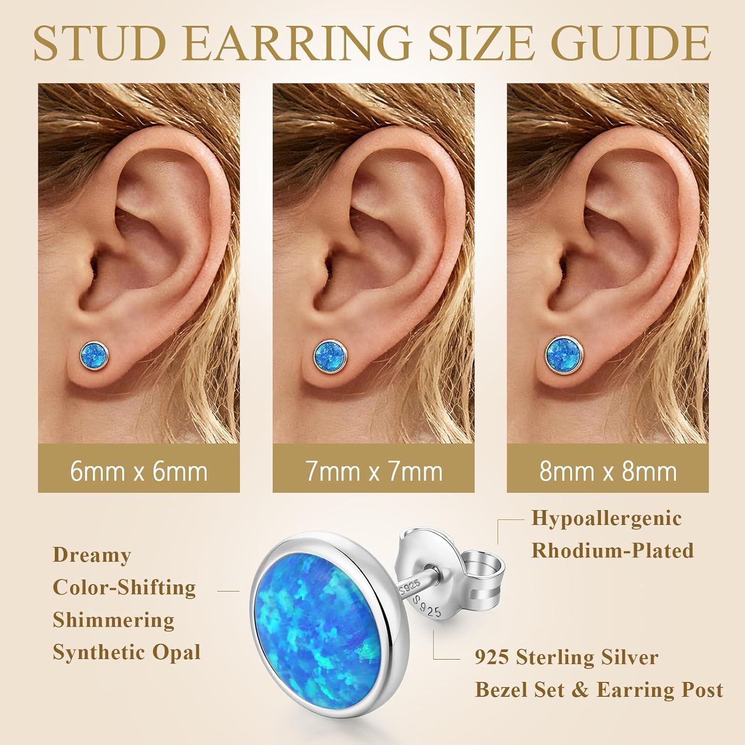 Opal Stud Earrings for Women Men, 925 Sterling Silver Hypoallergenic Earrings, Round & Oval Bezel Set Created Opal, Multi-Color Jewelry Gift (White/Red/Blue/Green) - Image 6