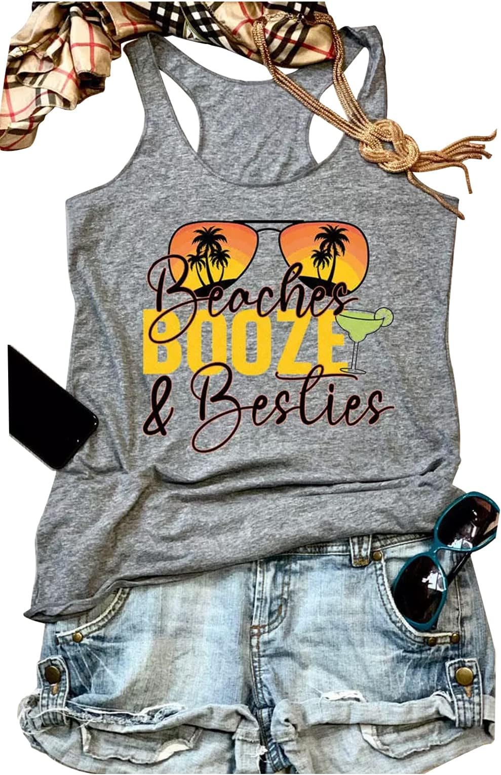 LANMERTREEWomen Beaches Booze and Besties Tank Top Sleeveless Racerback Vest Top Letter Print Summer Vacation Shirt Cami