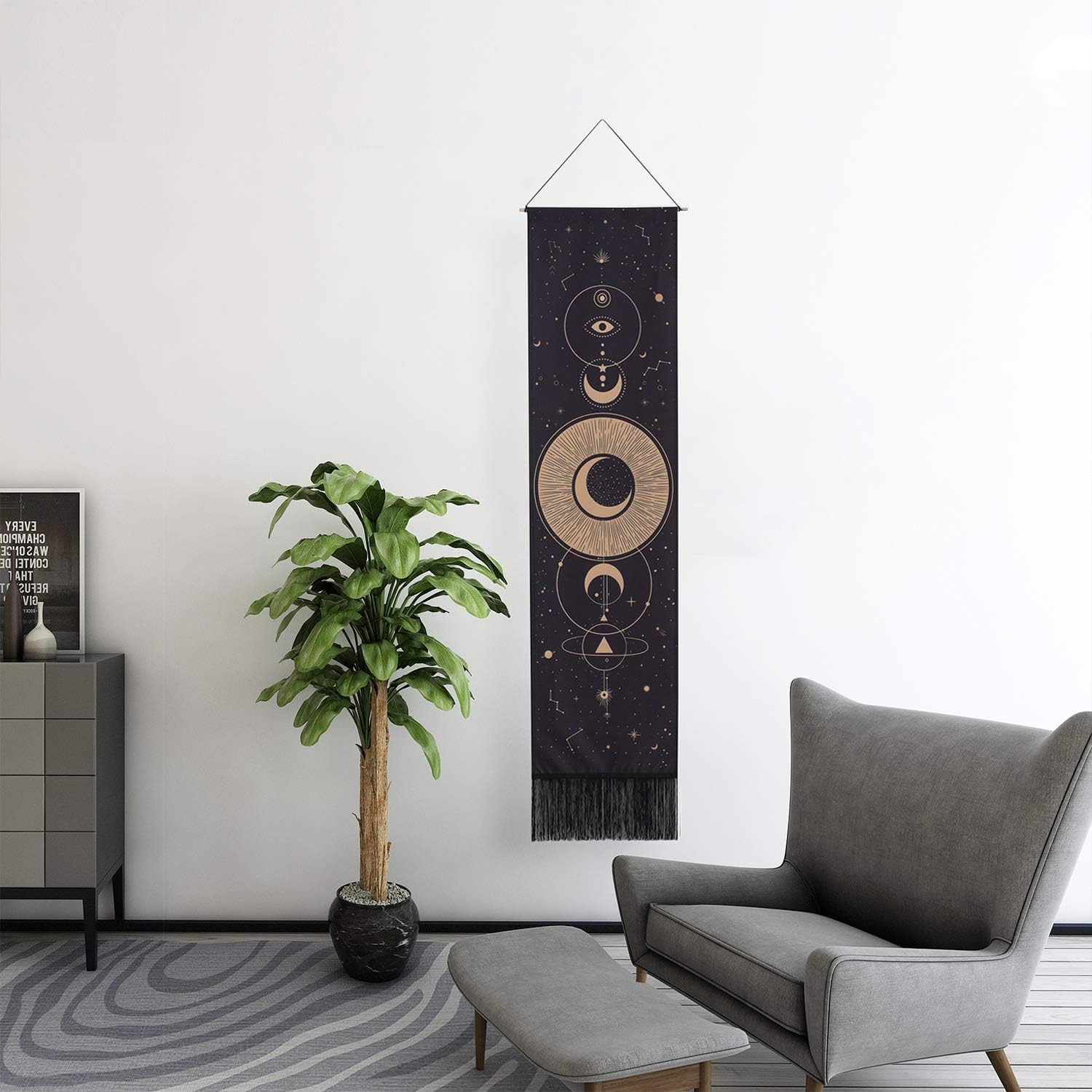 mchatte Moon Phase Tapestry Wall Hanging Black Moon Stars Vertical Tapestry for Men Moon Phases Wall Art Small Long Tapestry for Bedroom, Living Room Decor (black moon)