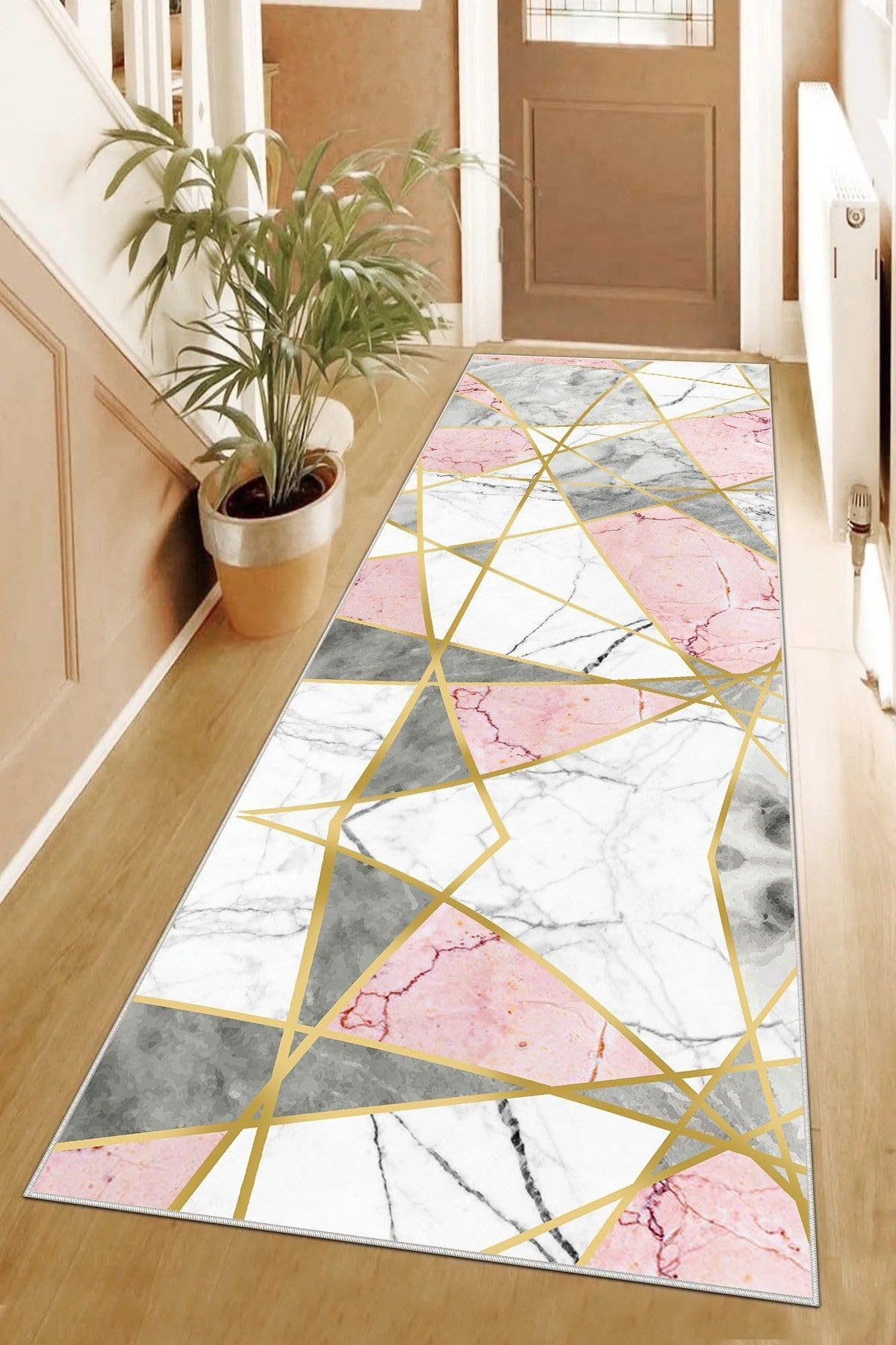 Pelangi Mermer Desenli Gold Şeritli Dijital Baskı Yıkanabilir Kaymaz Taban Kilim Model Salon Halısı, Gri 80 x 400, 95554260804007