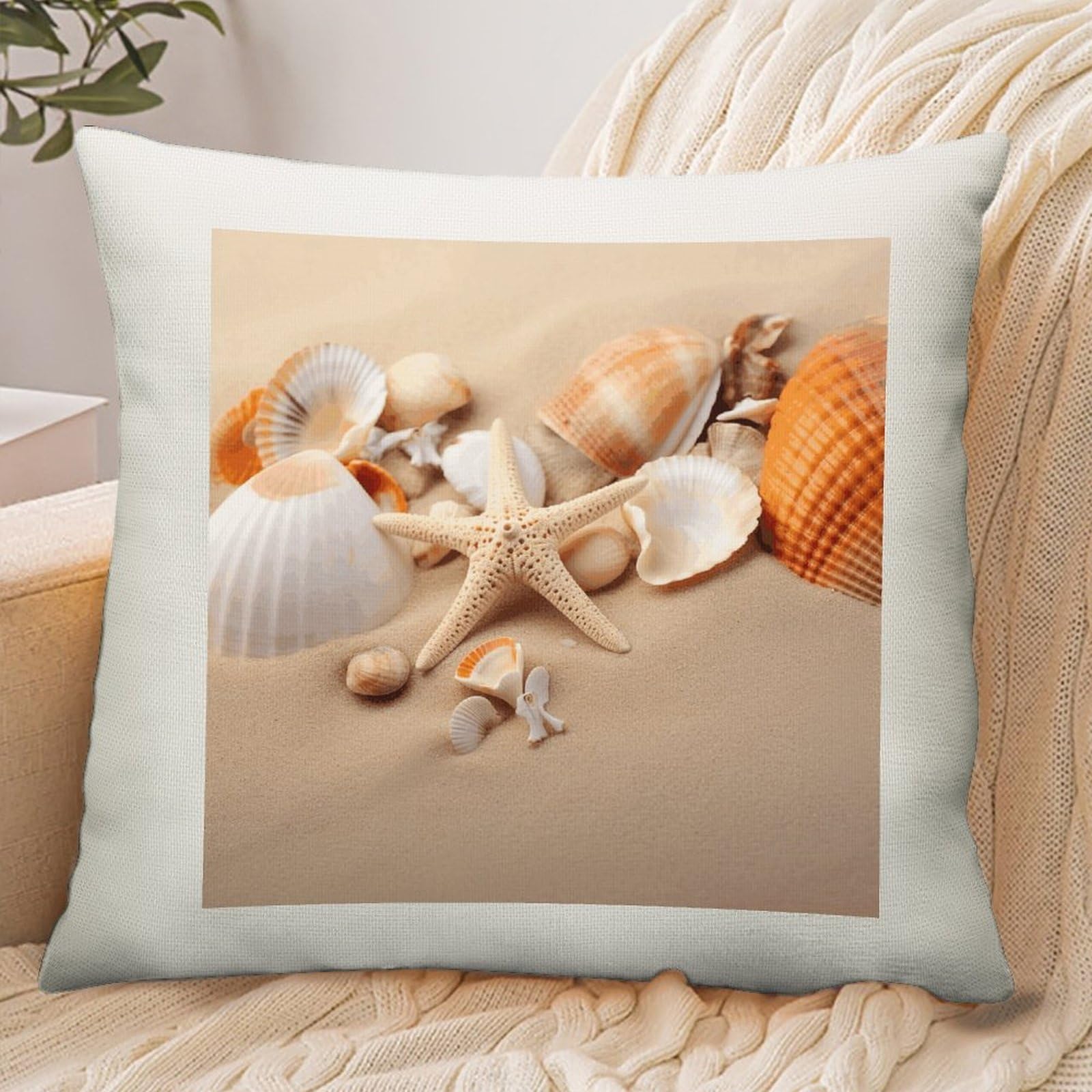Adfgyerh Style Seashells Starfish On The Sand Pillow Cover Breathable,Pillowcases Boho Decorative Envelope Closure,Throw Pillow Covers For Beach,Patio,Balcony,Couch Living Room 16 * 16In