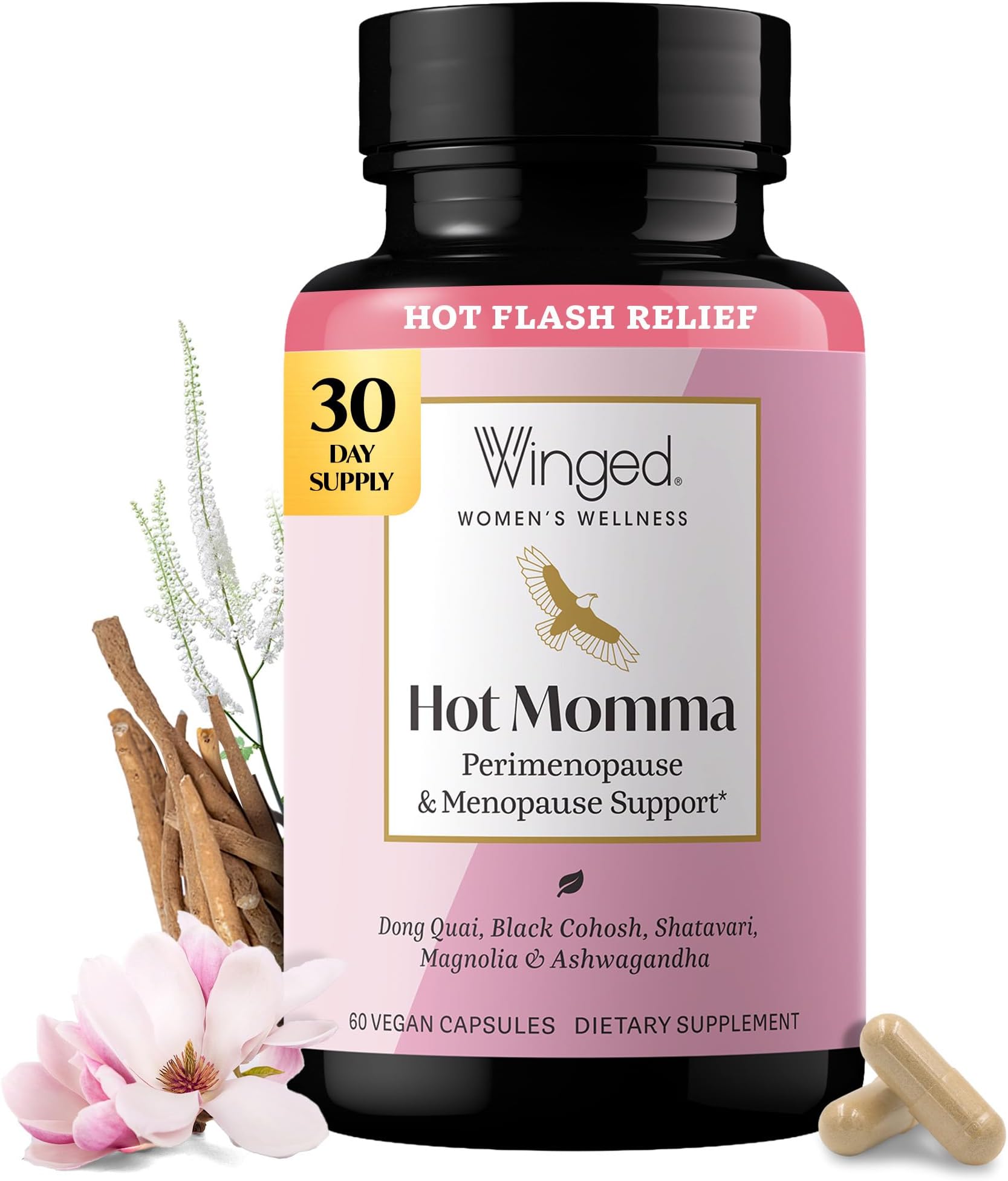 Winged Wellness Hot Momma Menopause Supplements for Women - Hormone-Free Menopause Relief Support for Hot Flashes & Night Sweats with Chaste Tree Berry, Multivitamins & Shatavari - 60 Vegan Capsules