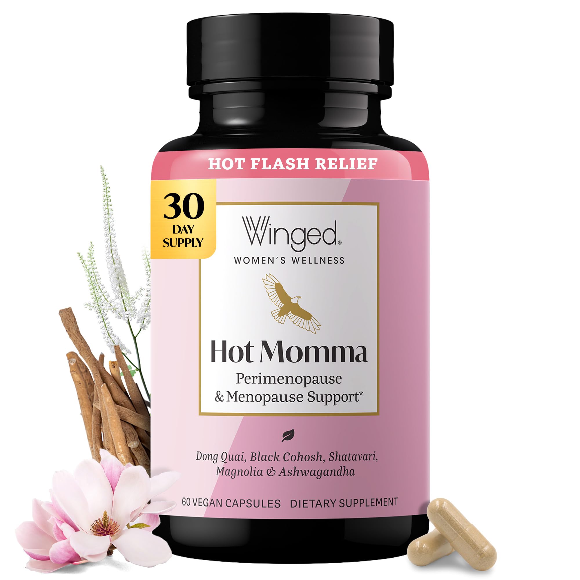 Winged Wellness Hot Momma Εμμηνόπαυση Συμπληρώματα για τις γυναίκες - Ορμονική-ελεύθερος Εμμηνόπαυση Υποστήριξη για Hot Flashes & Νυχτερινές Ιδρώσεις με Caste Tree Berry, Πολυβιταμίνες & Περισσότερα - 60 Vegan Κάψουλες
