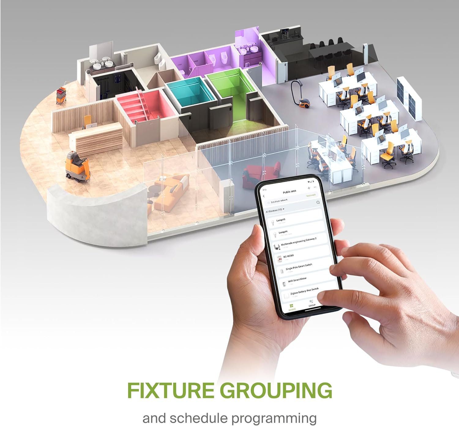 Smartphone displaying the ASD Smart App interface for fixture grouping and scheduling in a commercial setting.