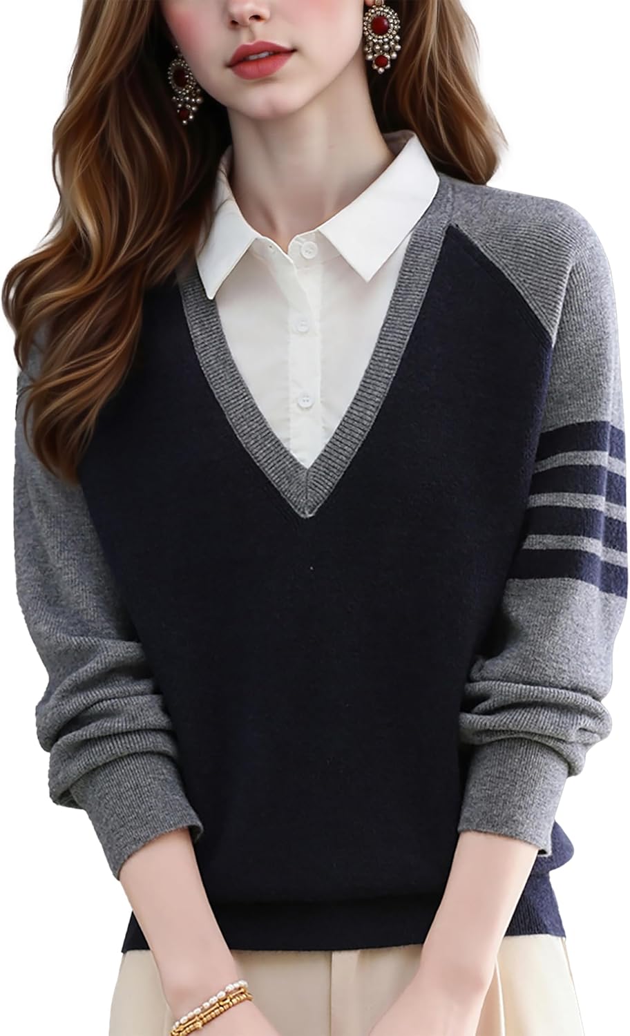 LAI MENG FIVE CATS Women's V-Neck Casual Collared 2 in 1 Pullover Top Long Sleeve Shirt Striped Contrast Blouse