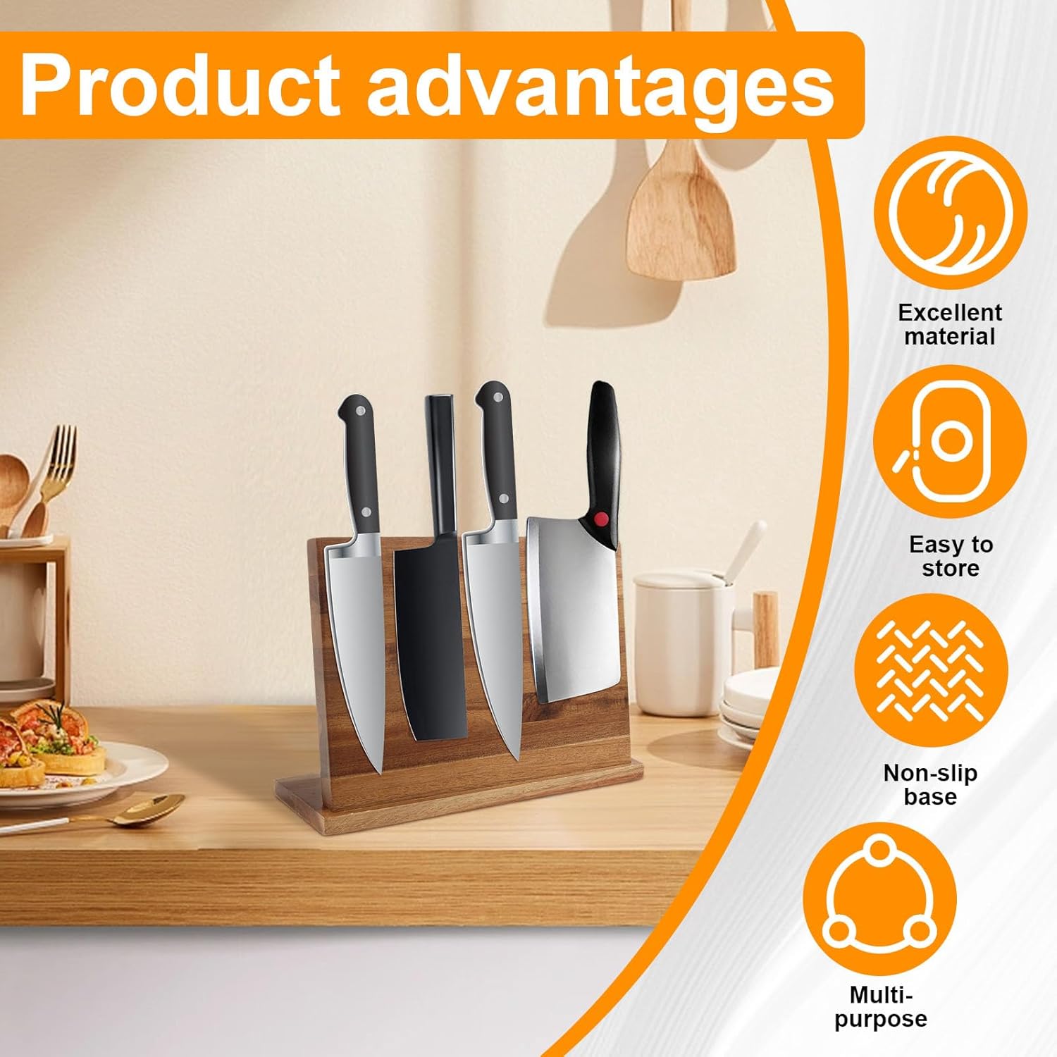 Magnetic Knife Block, Magnetic Knife Holder Countertop with Anti Slip Pad, Wood Knife Stand Kitchen with Two Row of Magnetic Strip 12.5 Inch,Multifunctional Knives Storage (Acacia Wood)
