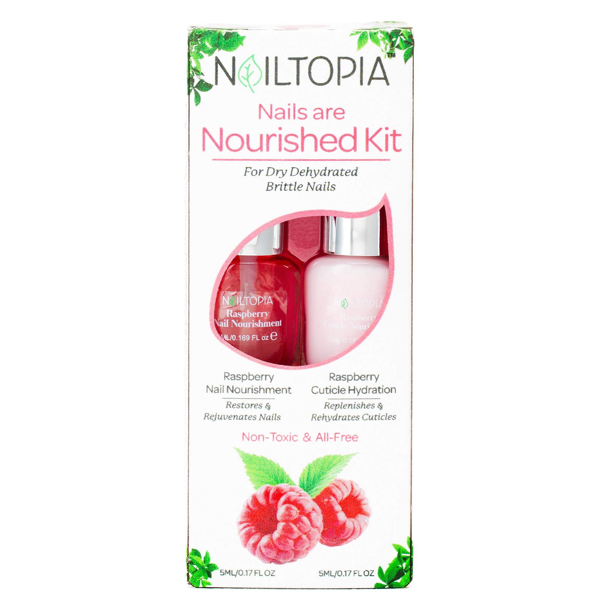 NailtopiaNails are Nourished Kit, For Dehydrated Brittle Nails & Cuticles - Plant-Based, Non Toxic, Bio-Sourced - Moisturizing & Strengthening Superfood Treatment - Raspberry Extract (Clear) - 2 Pc