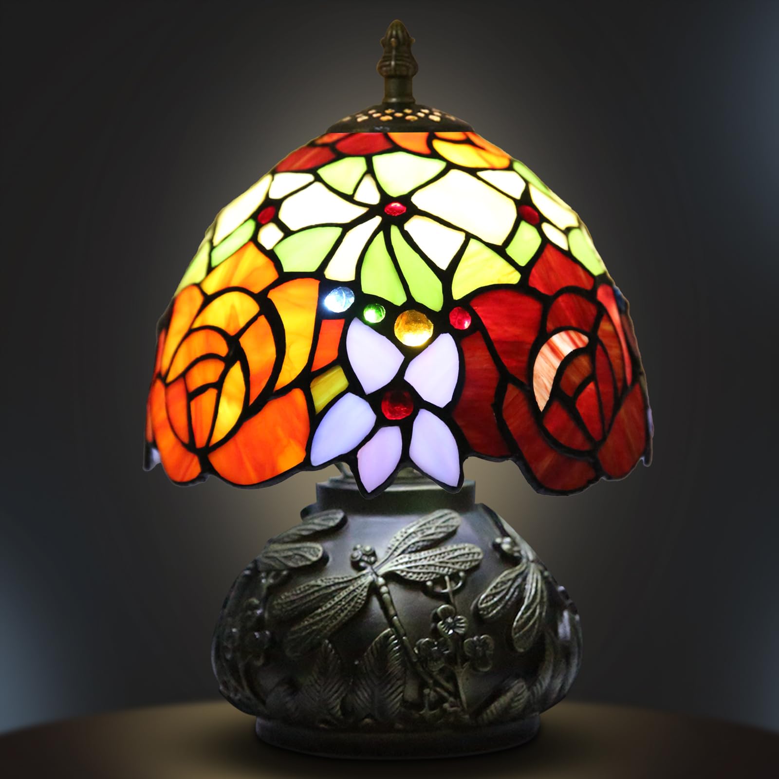 Ppbmocw Small Tiffany Lamp,Stained Glass Table Lamp for Living Room,Bedside,Reading,8 Inch Vintage Mini Mushroom Desk Light Included 3 Color Temperatures E27 Bulb (Bicolor Rose)