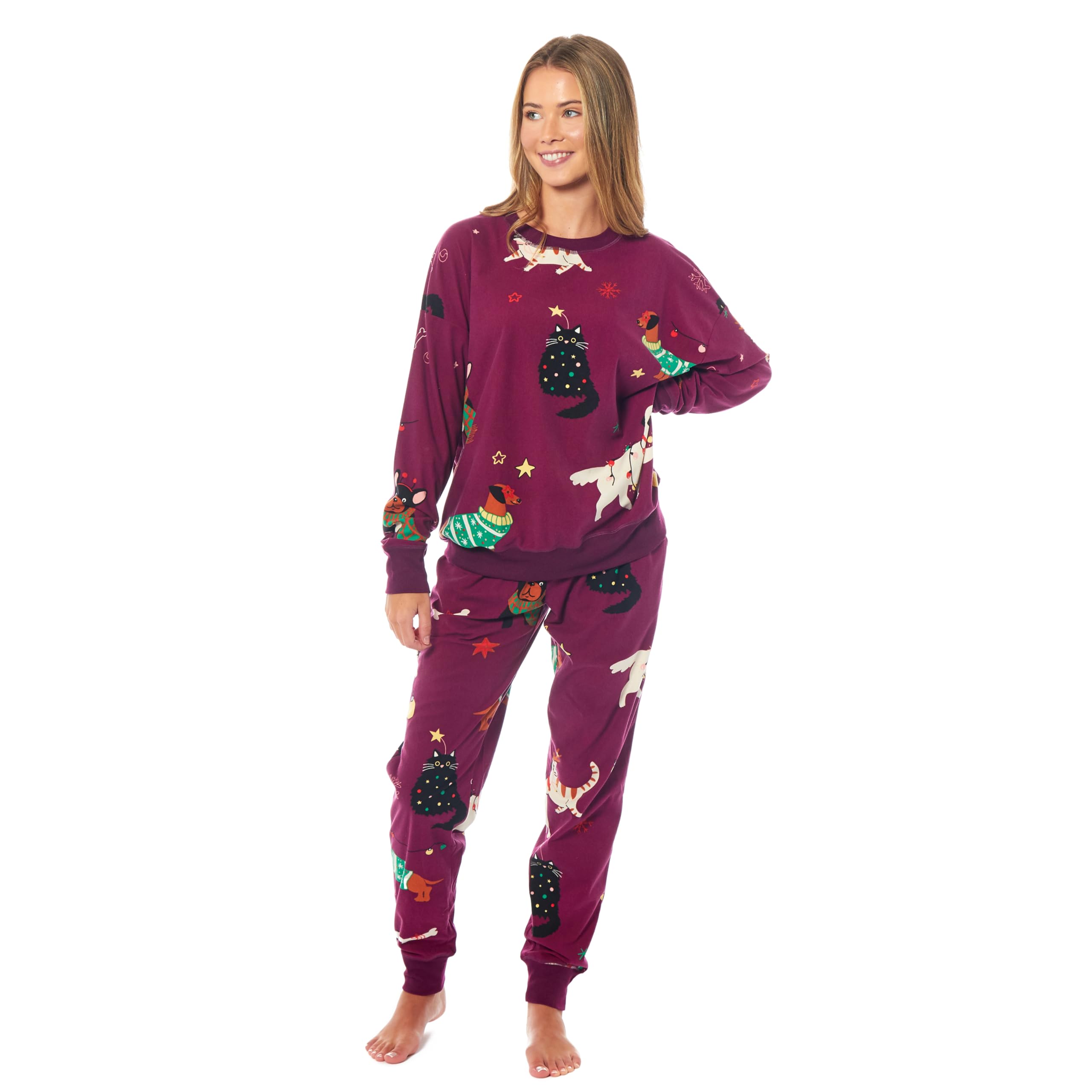 Daisy DreamerWomens Printed Fleece Pyjama Set Soft & Warm Sleepwear Loungewear Nightwear Long Sleeve Top Ladies Animal Print Pjs