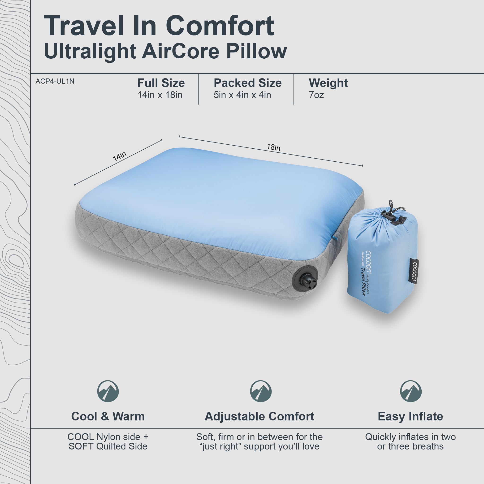 Cocoon Coussin AirCore Ultralight - Bleu Clair - 35 x 45 cm