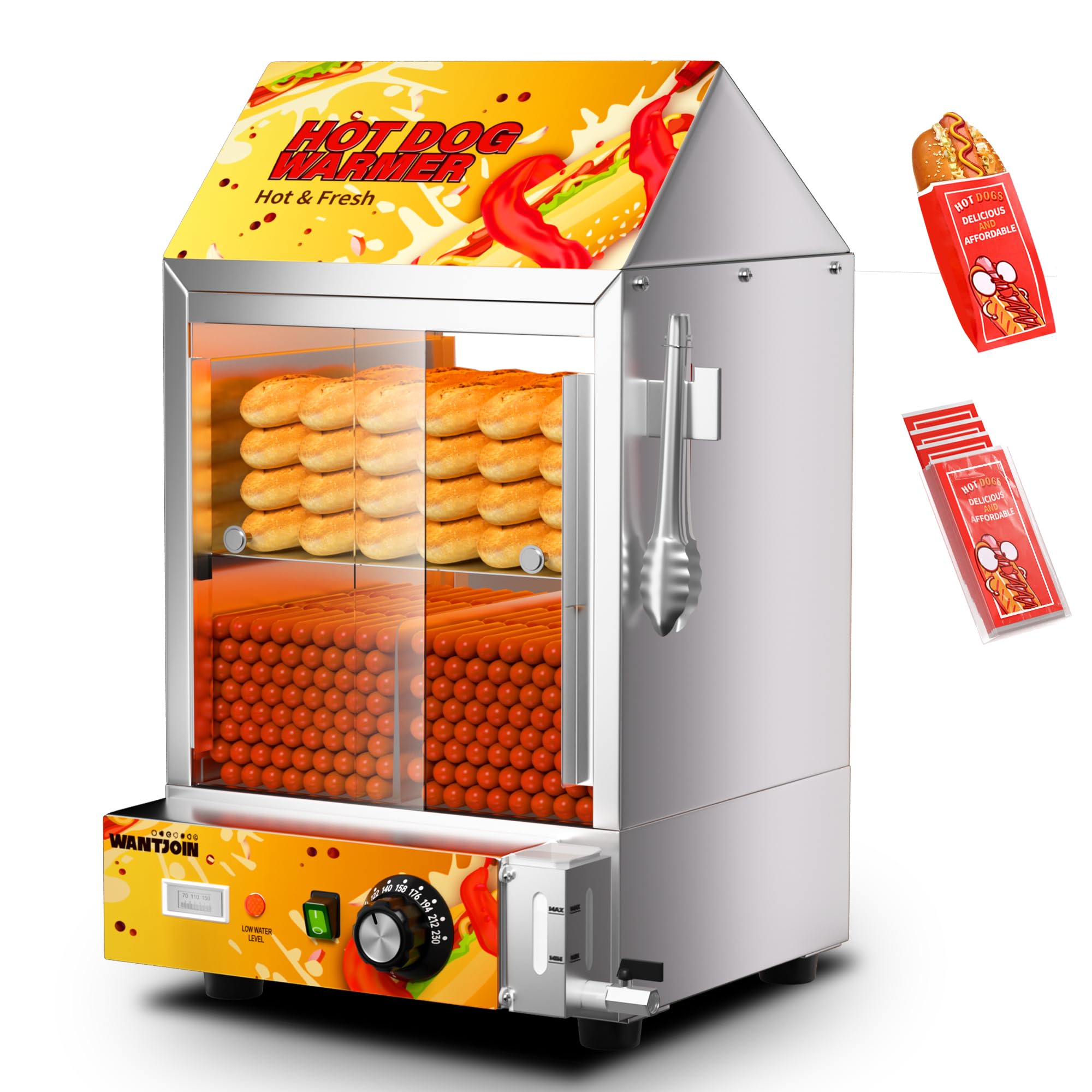 WantJoin Hot Dog Steamer - Adjustable Temperature Electric Hot Dog Steamer with Bun Warmer, Visible Glass Sliding Door, Suitable for 175 Hot Dogs and 40 Buns