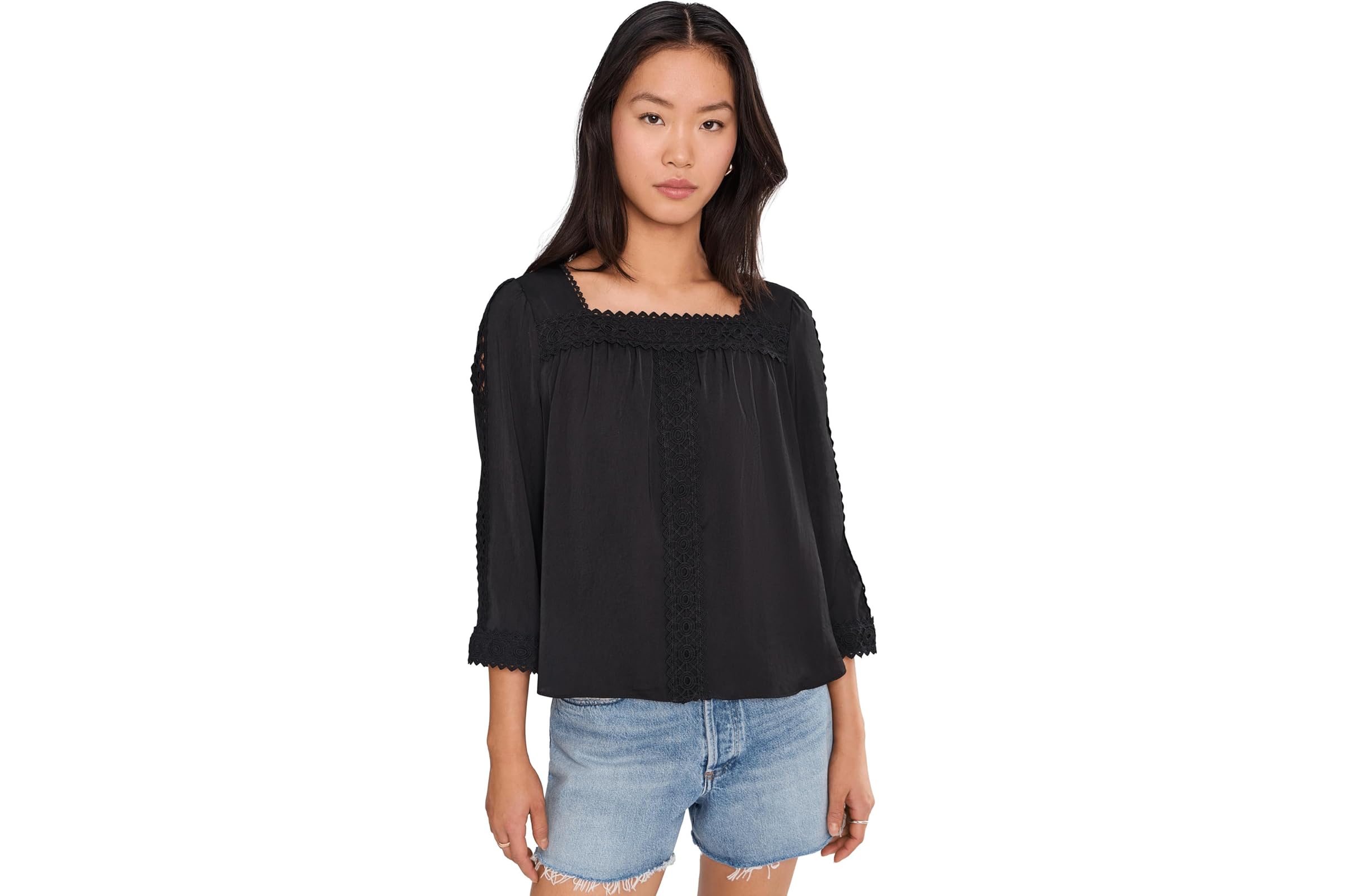 Vince Camuto Square Neck Lace Yoke Blouse rich black