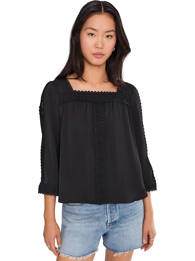 Black Vince Camuto Square Neck Lace Yoke Blouse