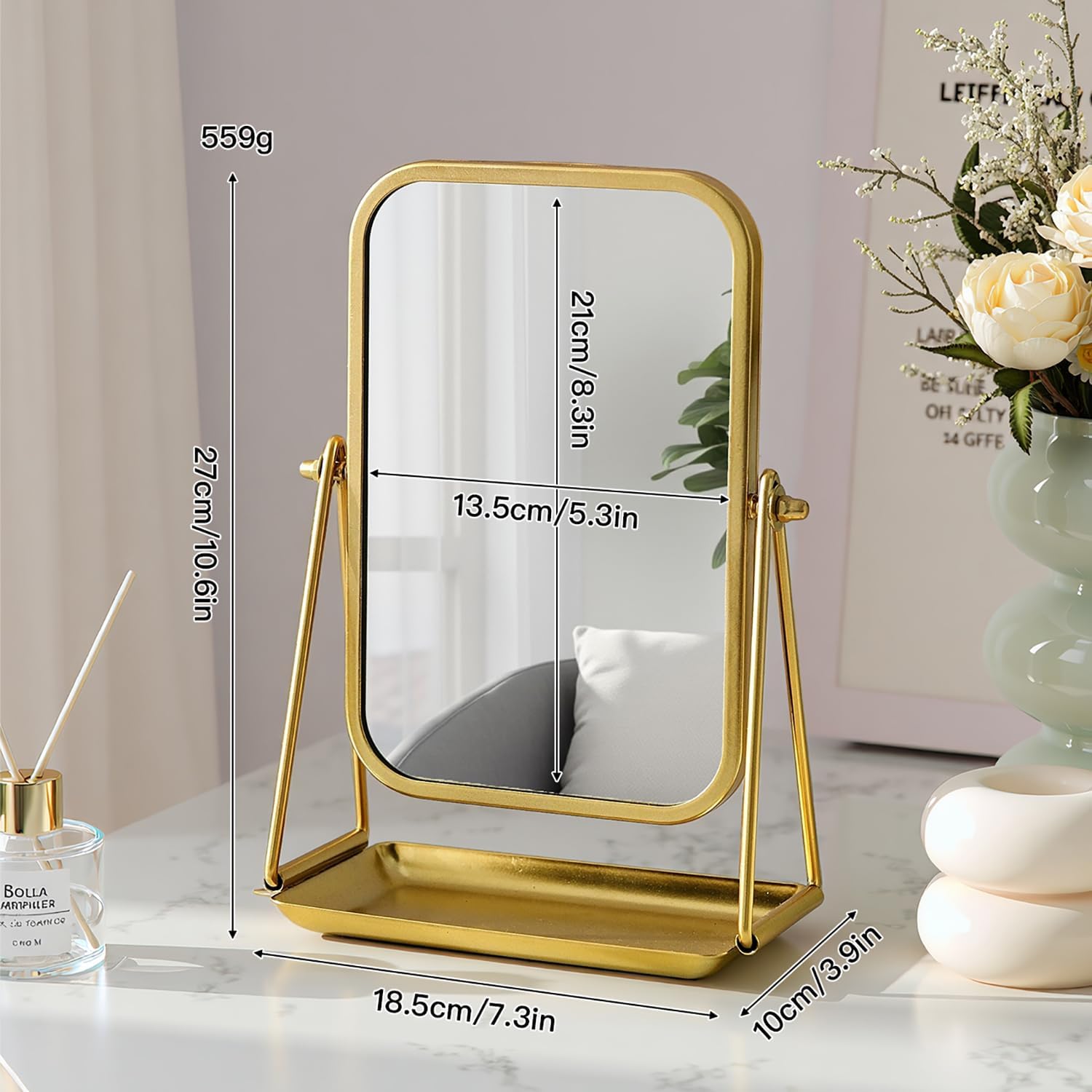Gold Desk Mirror Rectangular Tabletop Vanity Makeup Mirrors with Metal Stand and Storage 360°Rotation Adjust Table Mirror Portable Cosmetic Mirrors for Dressing Bathroom Bedroom