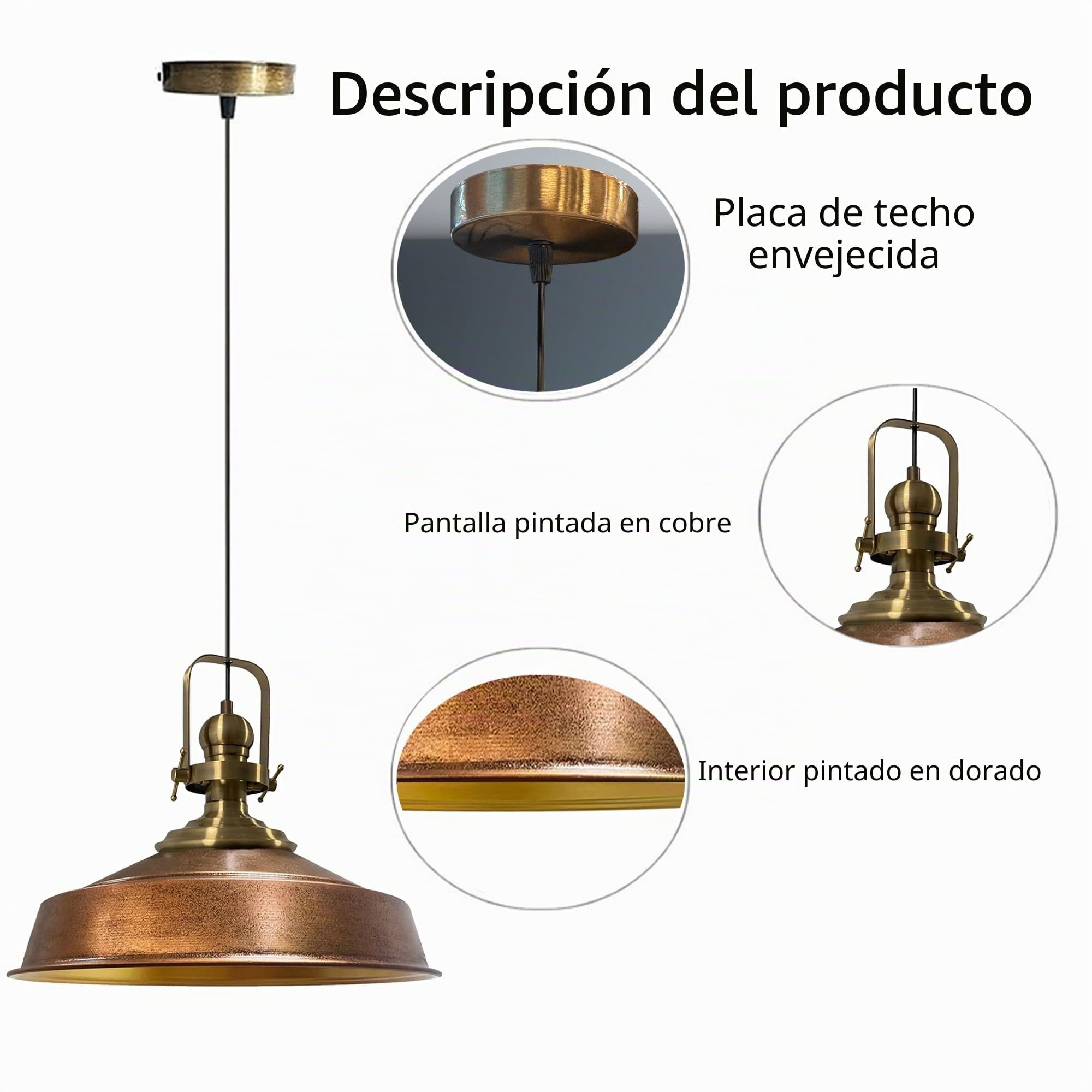 bamyum Asletl Antiguo Lampara Techo Colgante Metal 40 cm, Lamparas Cocina, Lampara Techo Dormitorio E27 Comedo, Salon, Lamparas Mesa Comedor para Niños y Adultas, Lámpara Colgante Tono Cobre