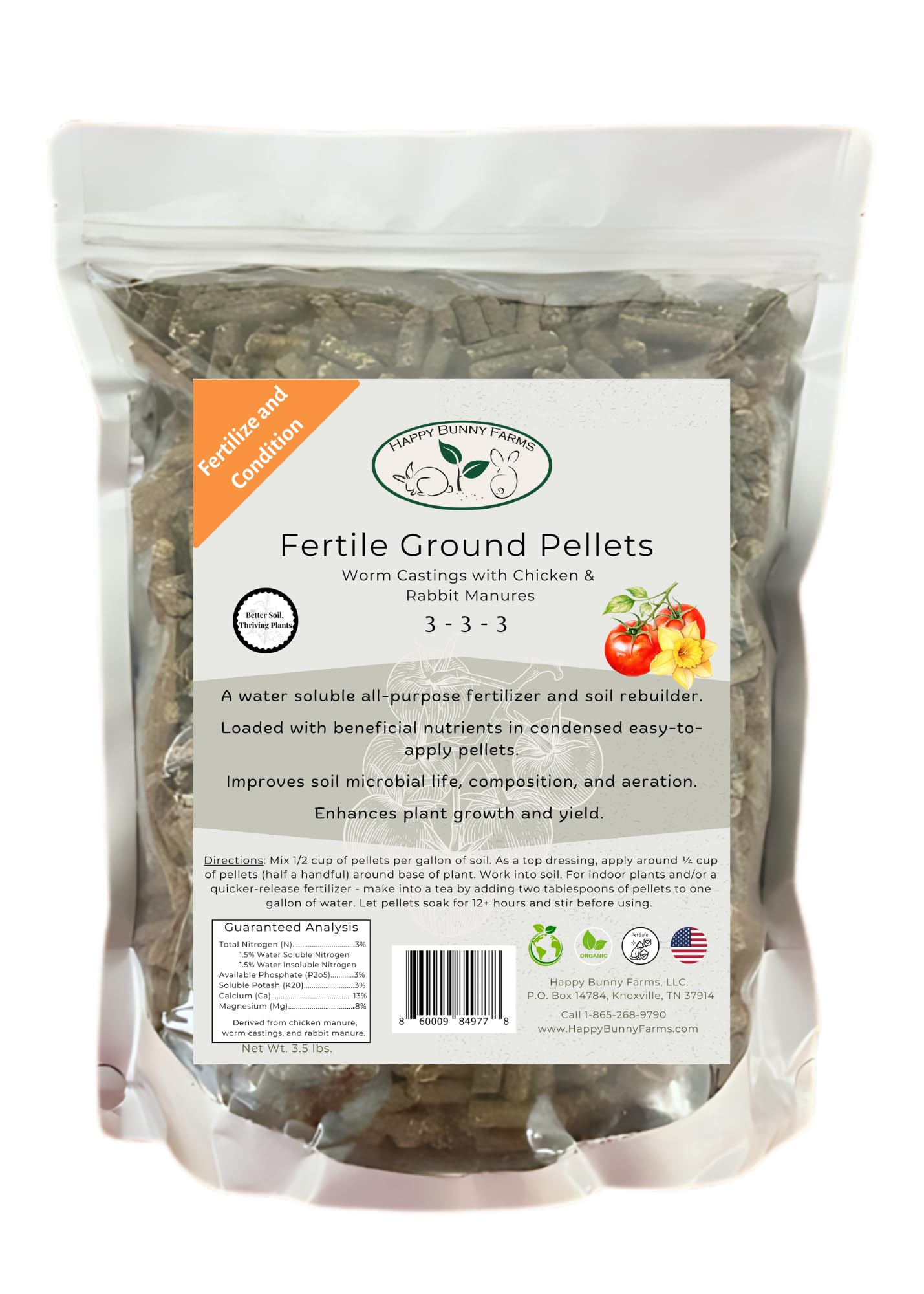 Soil Conditioner and Fertilizer Pellets, Fertile Ground. 3-3-3 NPK. Rabbit Manure with Worm Castings and Chicken Manure. 3.5lb Bag.