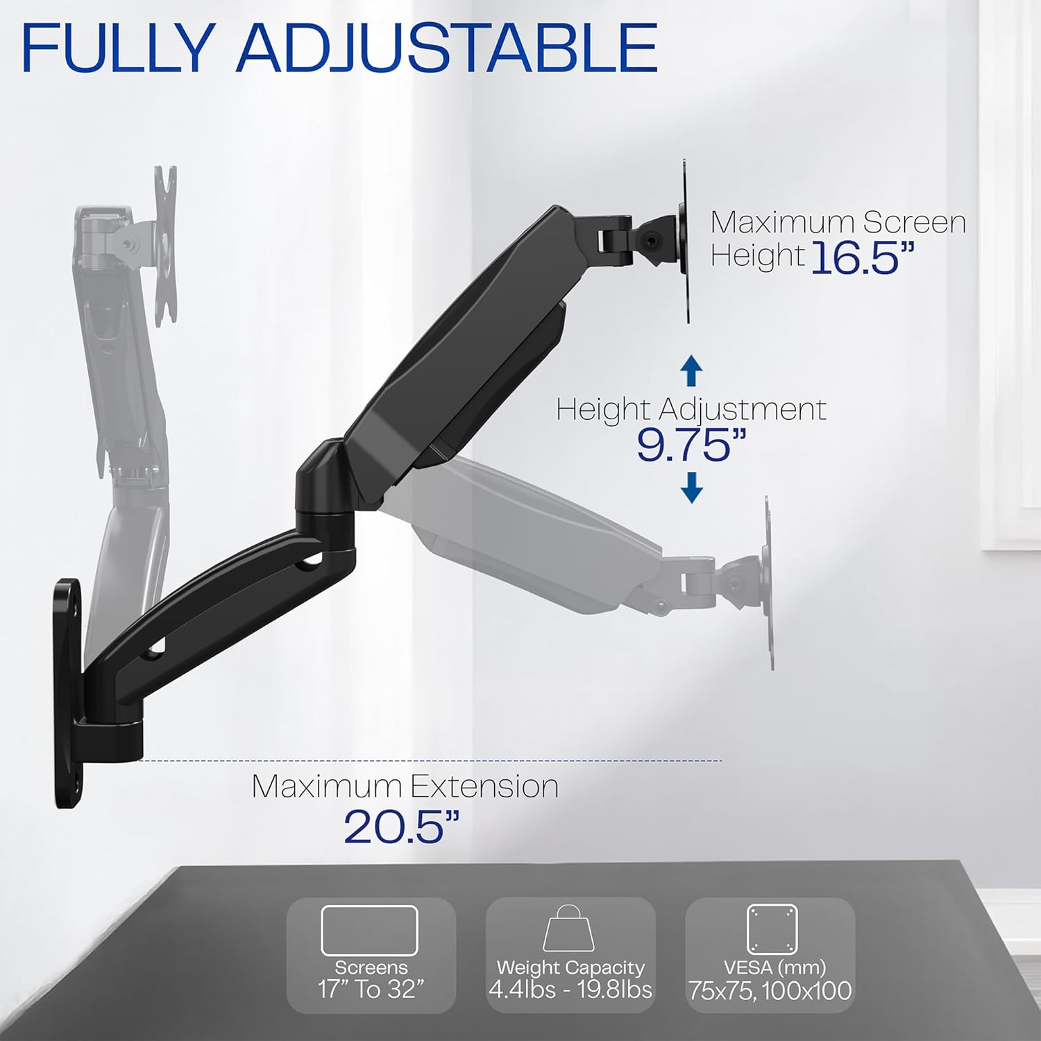 Black Steel Full-Motion Wall Mount Monitor Arm